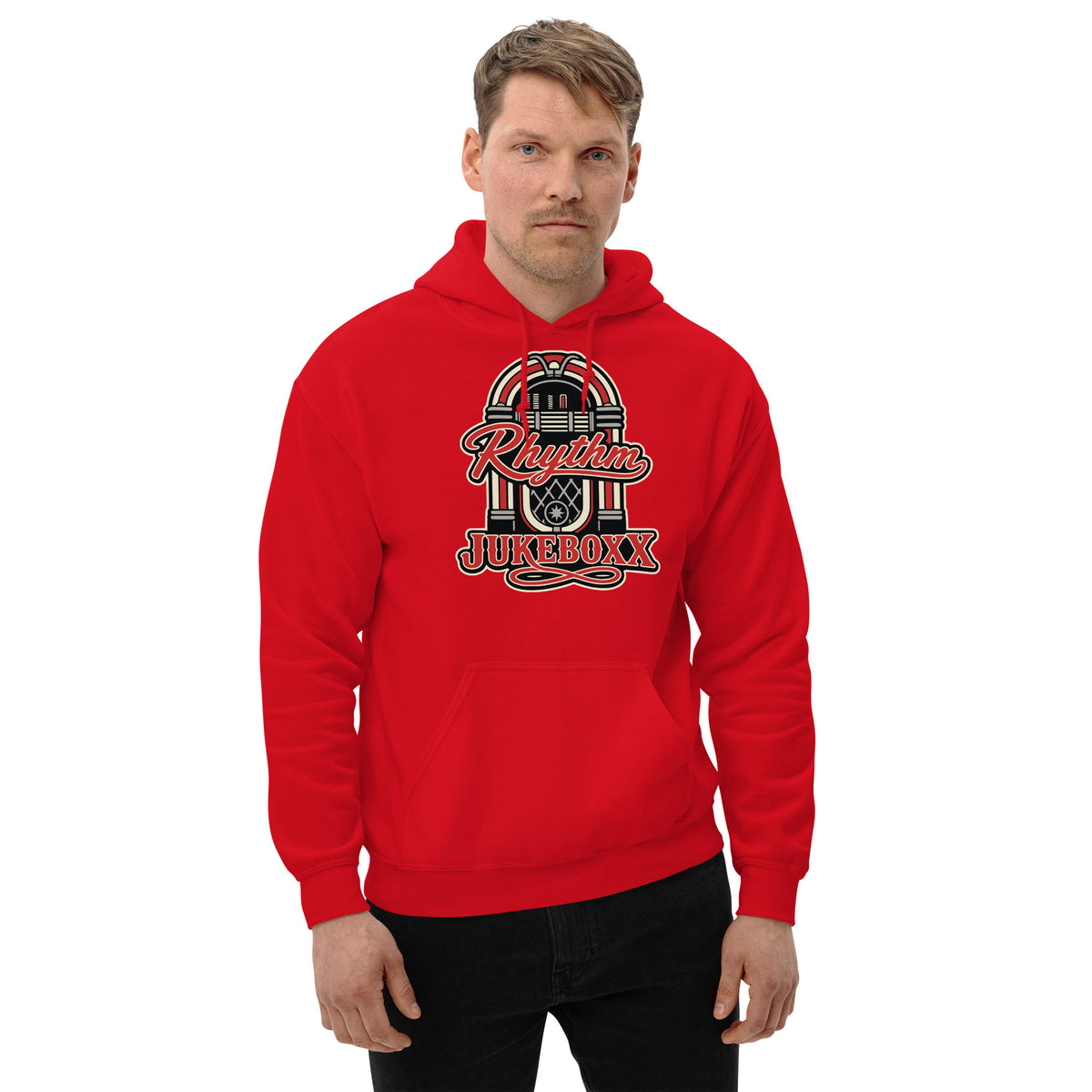 Red pullover hoodie, front view, featuring Rhythm Jukeboxx red-and-cream retro jukebox graphic.
