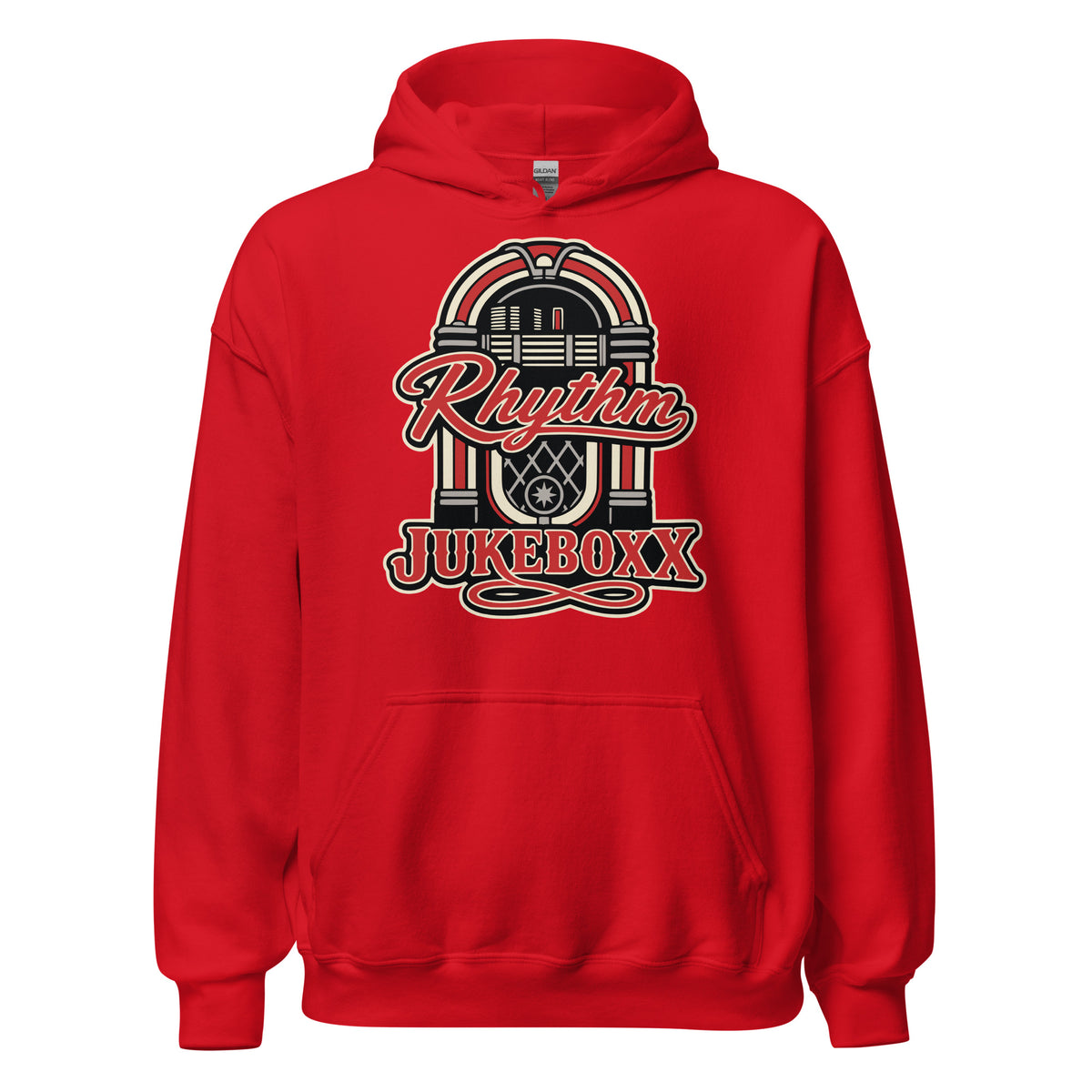 Red pullover hoodie, front view, featuring Rhythm Jukeboxx red-and-cream retro jukebox graphic.