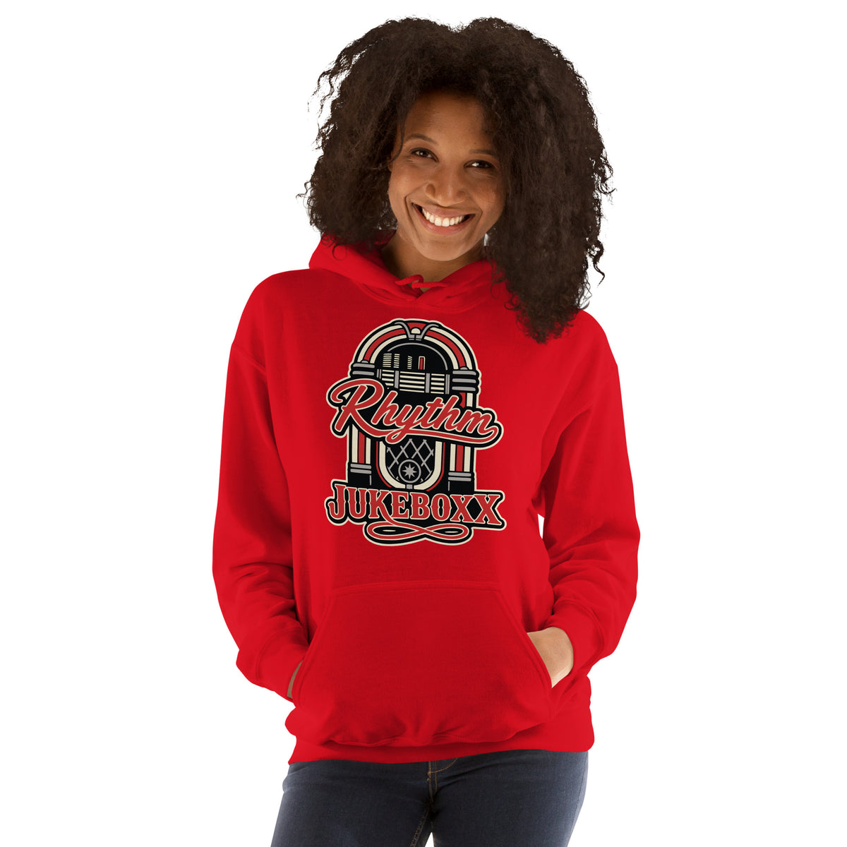 Red pullover hoodie, front view, featuring Rhythm Jukeboxx red-and-cream retro jukebox graphic.