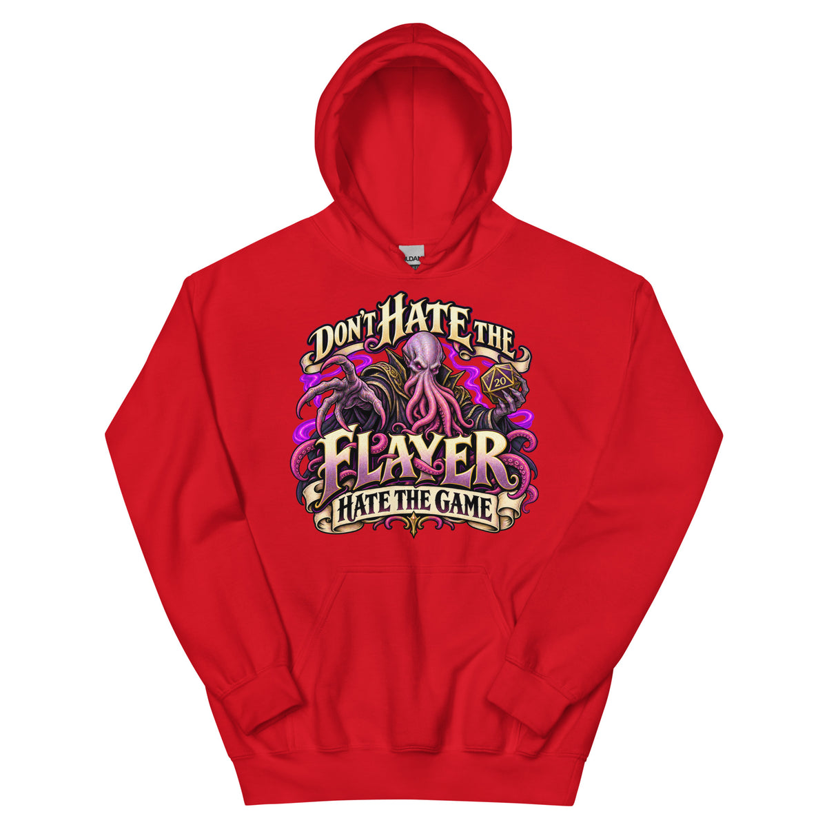 Red pullover hoodie, front view, featuring the illustrated Don't Hate the Flayer, Hate the Game tentacled overlord and d20 design.