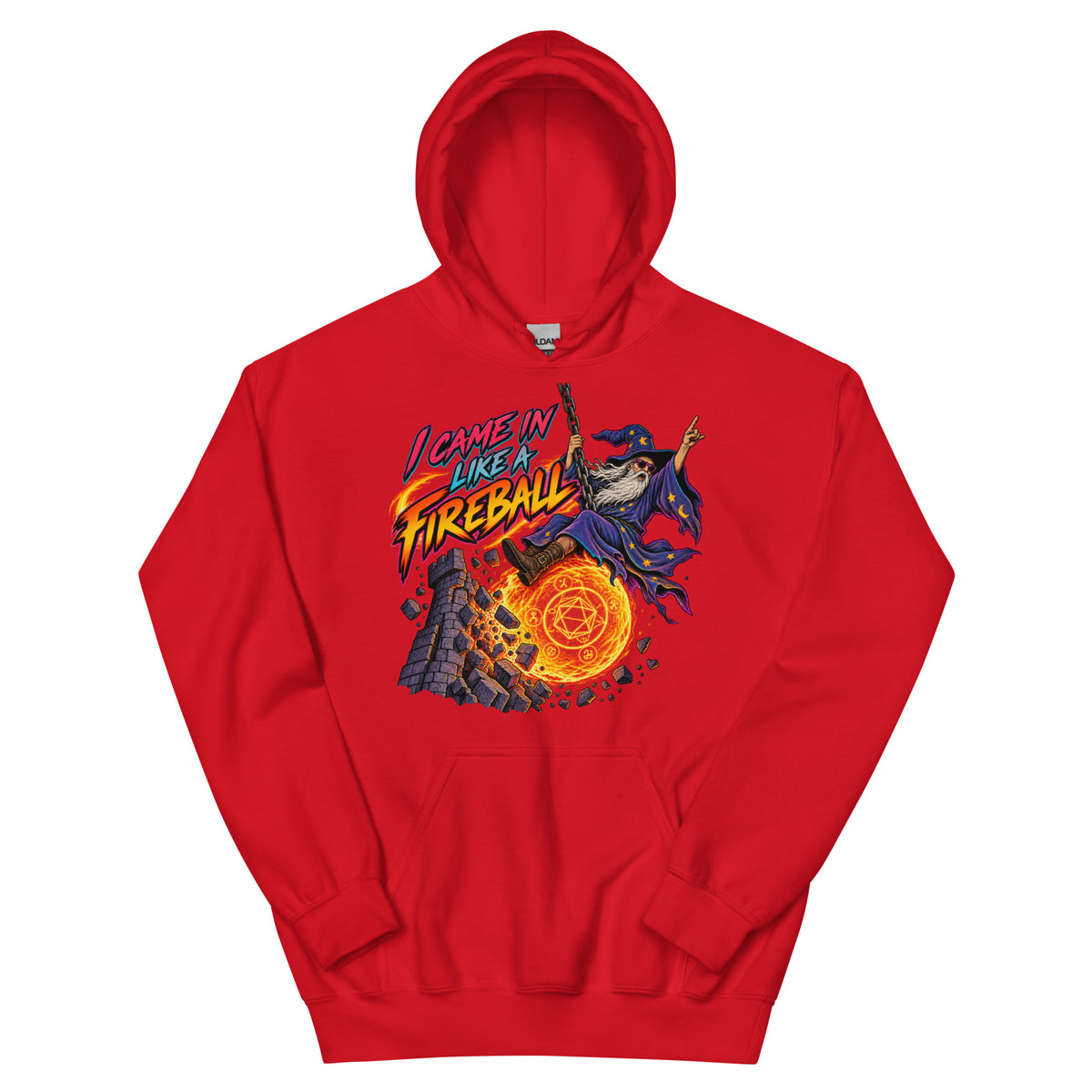 Red pullover hoodie, front view, featuring the I Came In Like a Fireball wizard design