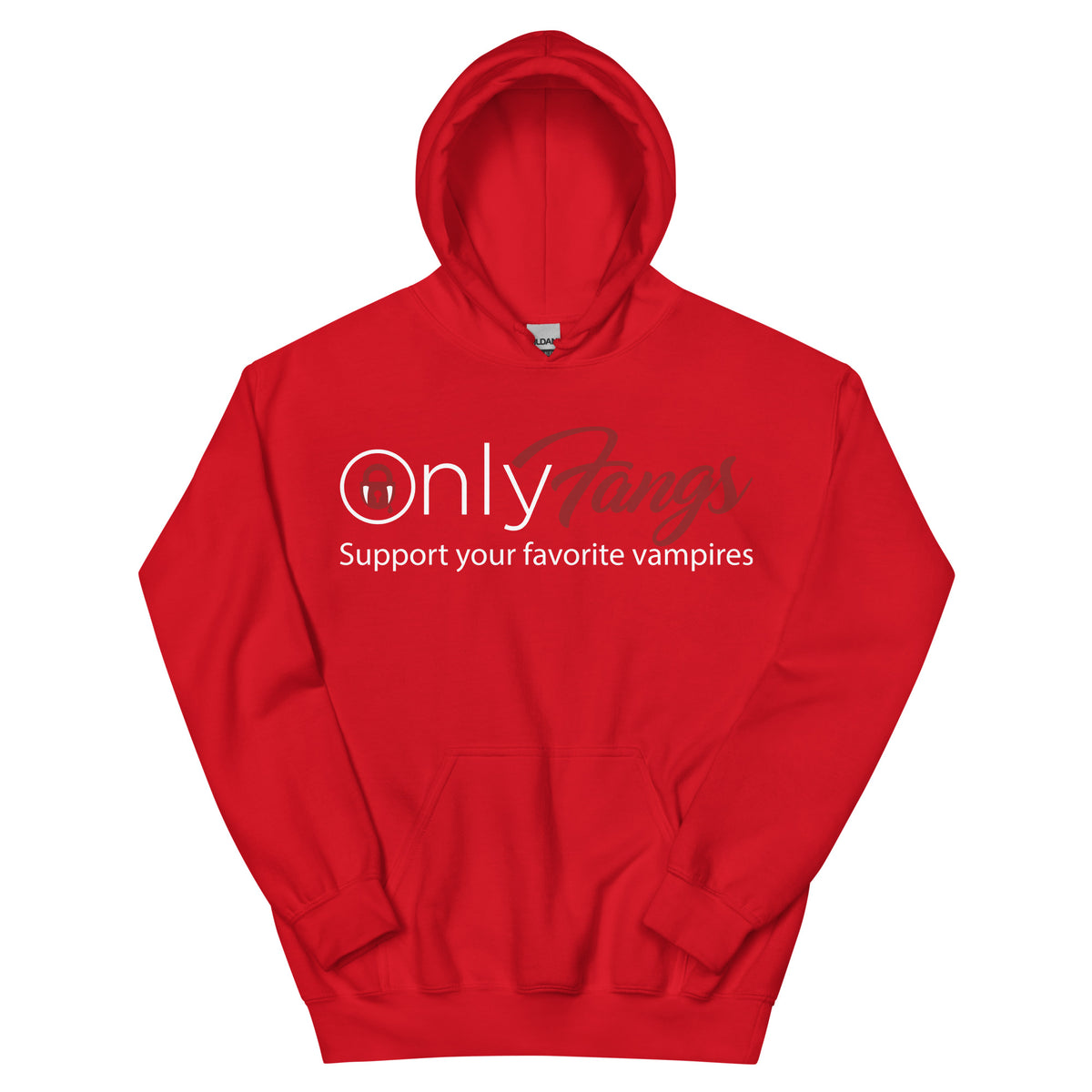 Red pullover hoodie, front view, featuring the OnlyFangs vampire design