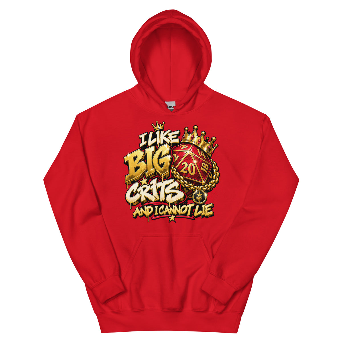 Red pullover hoodie, front view, featuring the I Like Big Crits and I Cannot Lie crowned d20 design