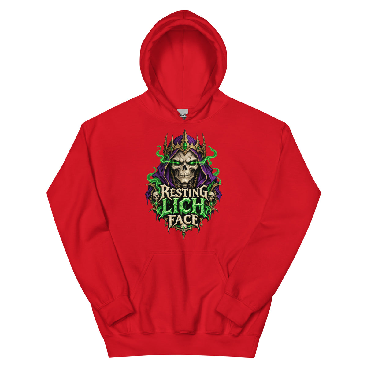 Red pullover hoodie, front view, featuring the Resting Lich Face crowned skull lich design