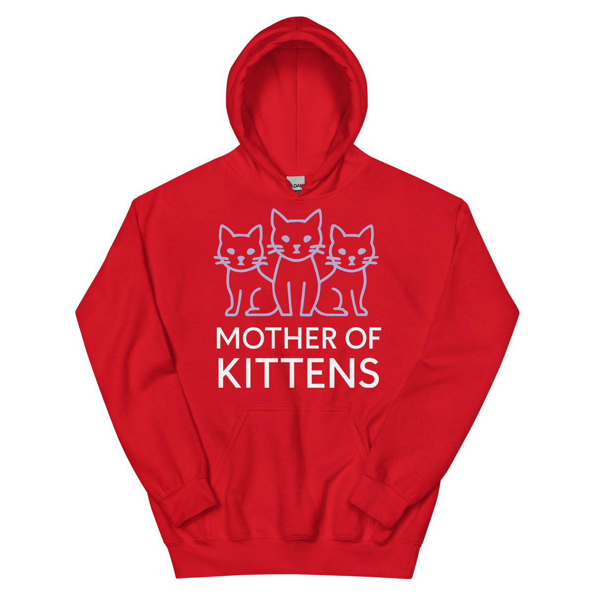 Red pullover hoodie, front view, featuring the Mother of Kittens Three Cats design
