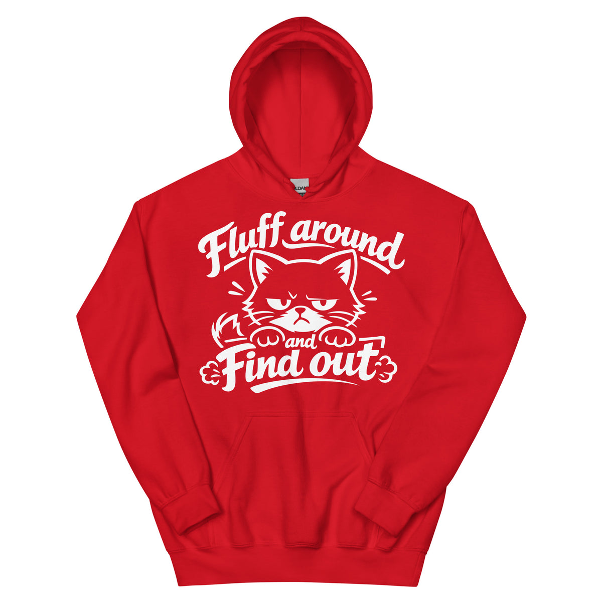 Red pullover hoodie, front view, featuring the Fluff Around and Find Out grumpy cat design