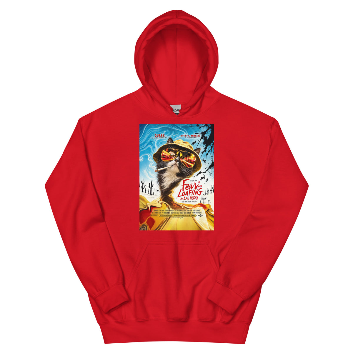 Red pullover hoodie, front view, featuring the Fear and Loafing in Las Vegas Quark cat poster design