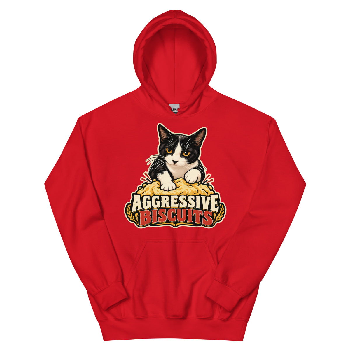 Red pullover hoodie, front view, featuring the Aggressive Biscuits kneading tuxedo cat design