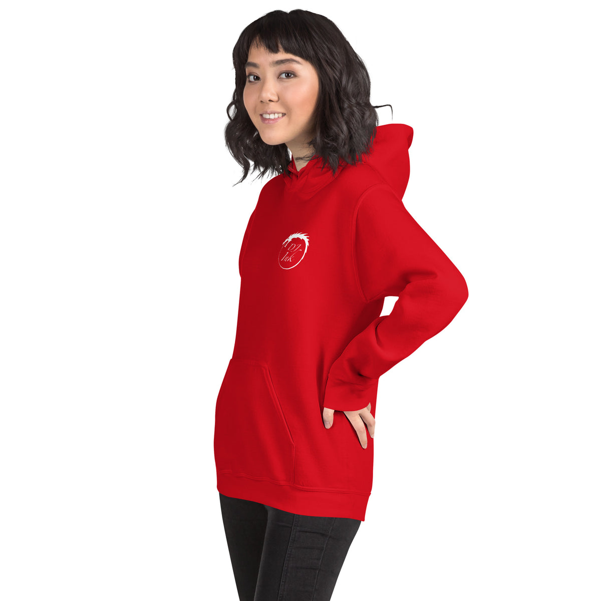 Red pullover hoodie, left-front angled view, featuring DJ Ink white Ouroboros dragon-circle logo.