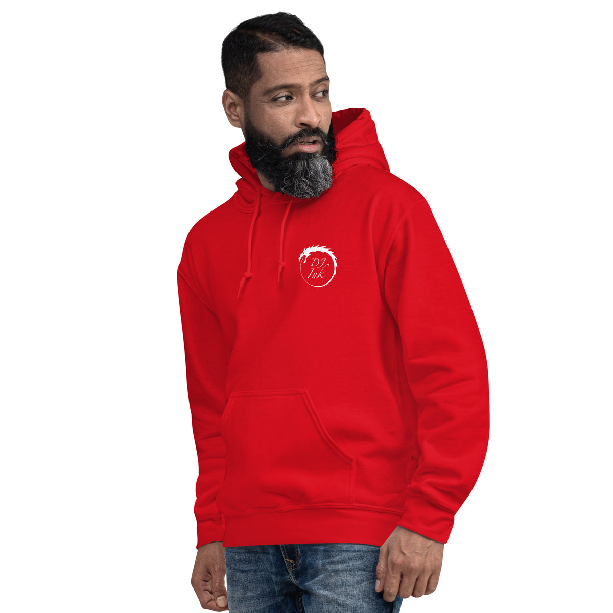 Red pullover hoodie, left-front angled view, featuring DJ Ink white Ouroboros dragon-circle logo.