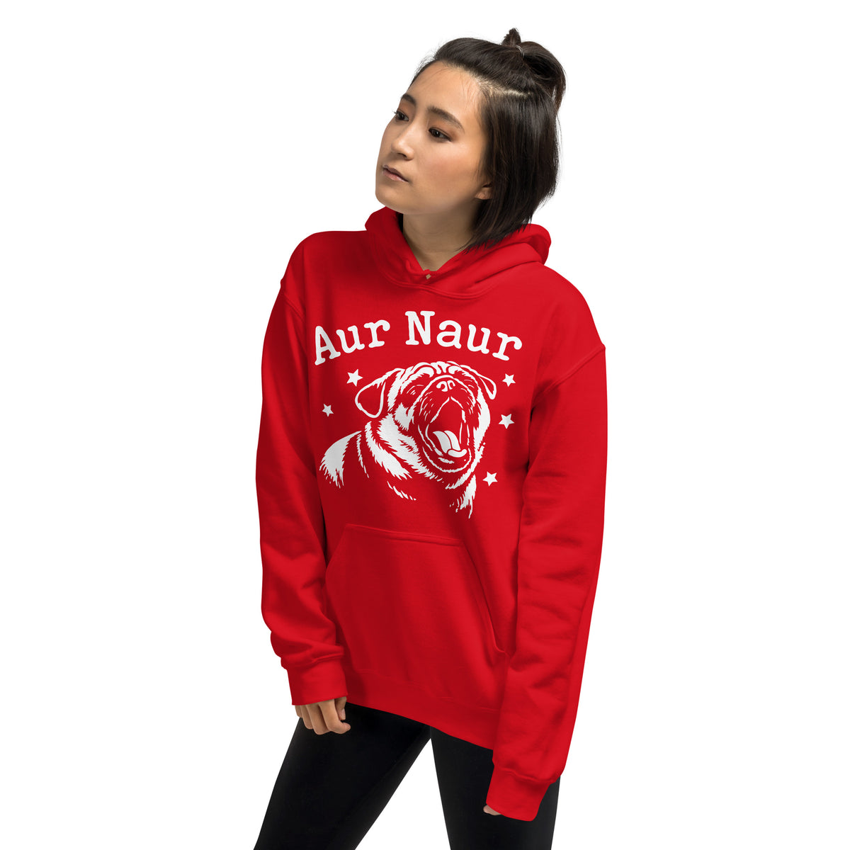 Red pullover hoodie, left-front angled view, featuring Aur Naur white pug portrait and star-accented lettering.