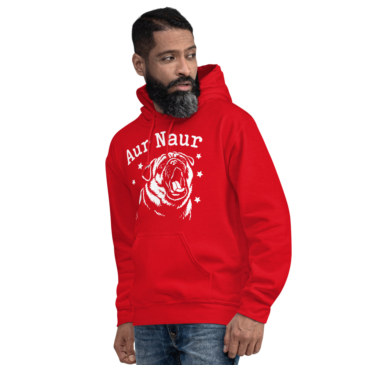 Red pullover hoodie, left-front angled view, featuring Aur Naur white pug portrait and star-accented lettering.