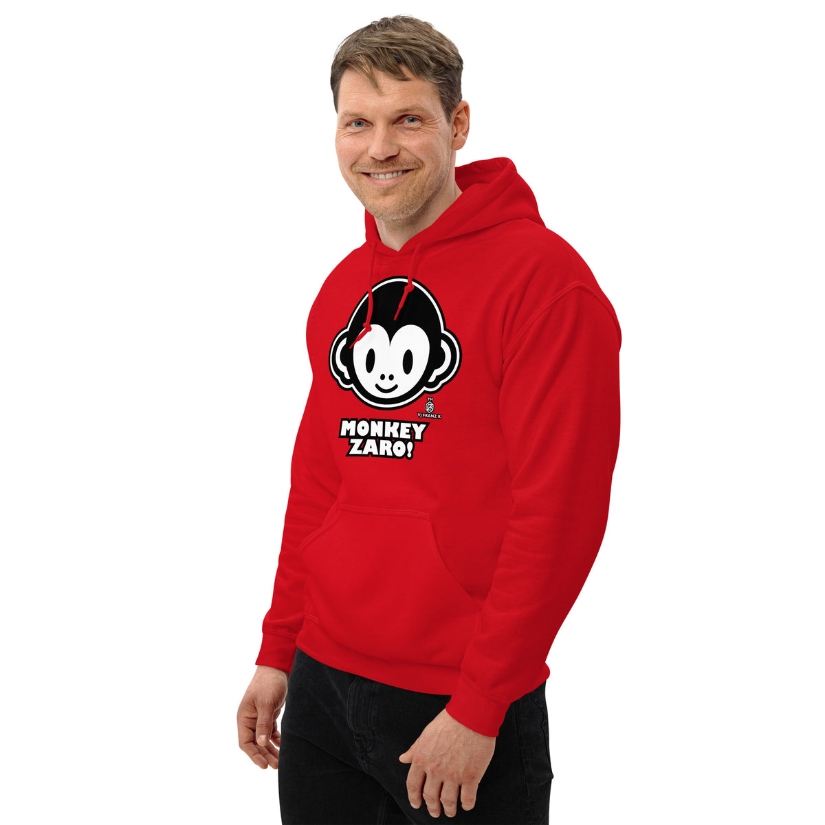 Red pullover hoodie, left-front angled view, featuring Monkey Zaro! white cartoon monkey face and lettering.