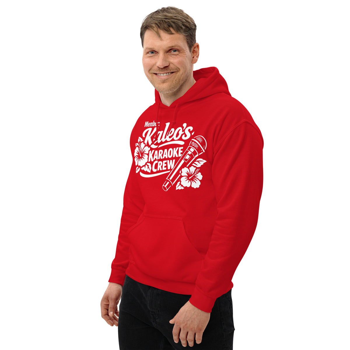 Red pullover hoodie, left-front angled view, featuring Kaleo's Karaoke Crew lettering, microphone, and hibiscus flowers.