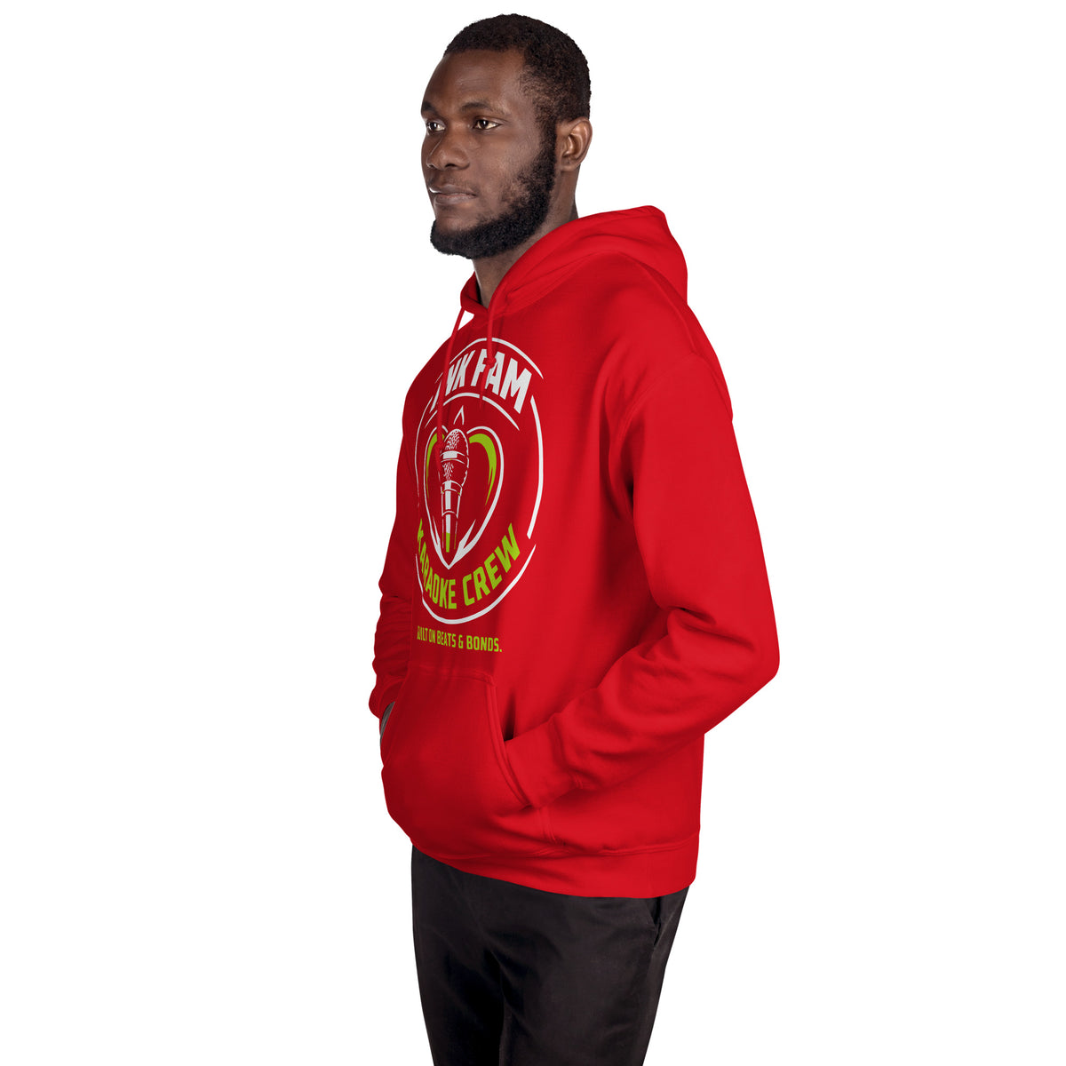 Red pullover hoodie, left-front angled view, featuring the green-and-white circular DJ Ink Fam microphone badge.