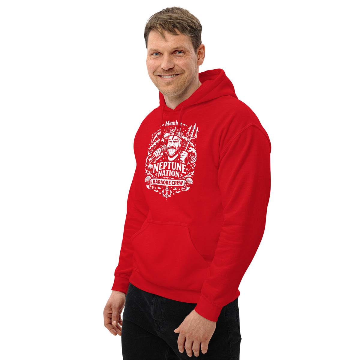 Red pullover hoodie, left-front angled view, featuring KJ Neptune's Neptune Nation nautical microphone and trident badge.