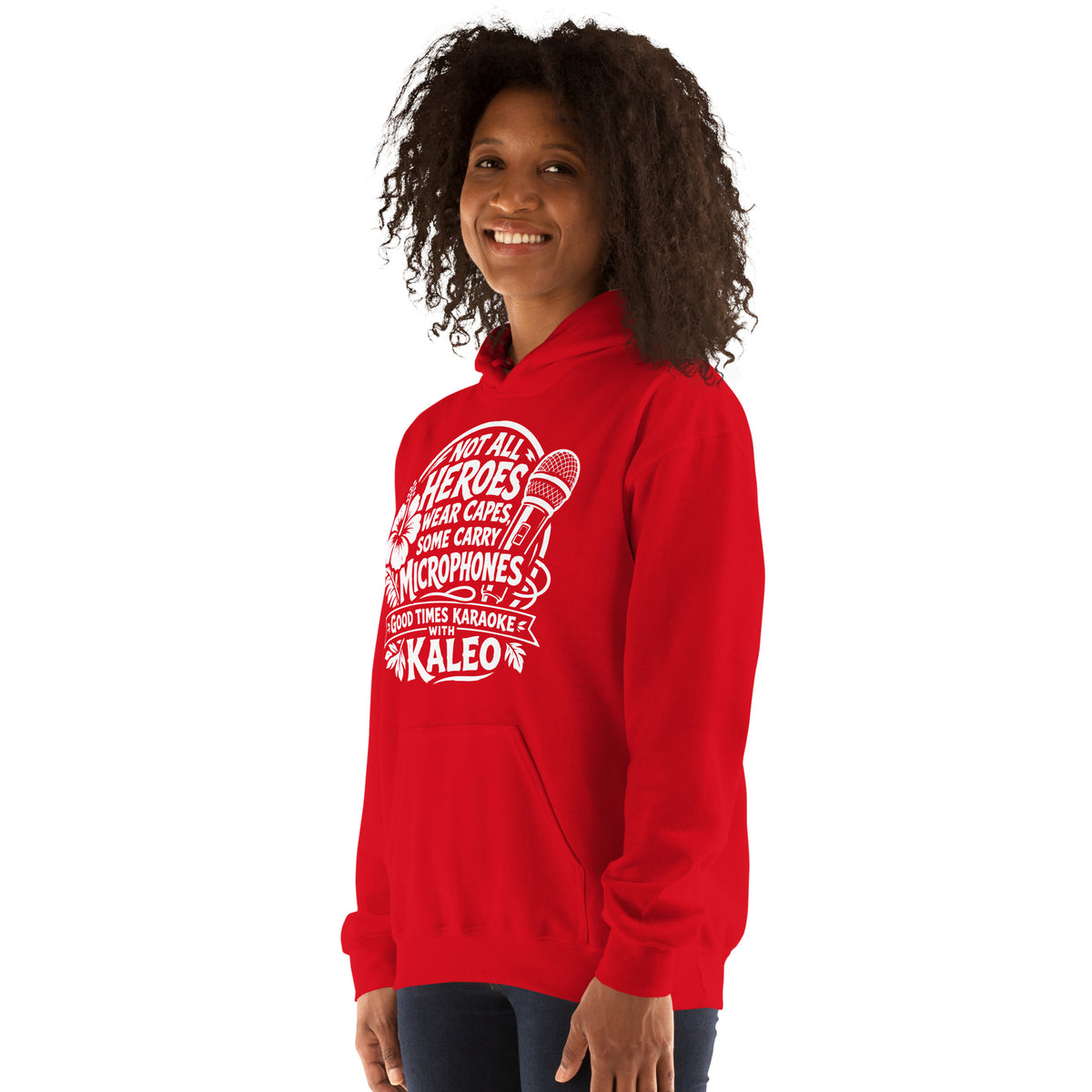 Red pullover hoodie, left-front angled view, featuring Kaleo's Karaoke Heroes 'Not All Heroes Wear Capes, Some Carry Microphones' graphic.