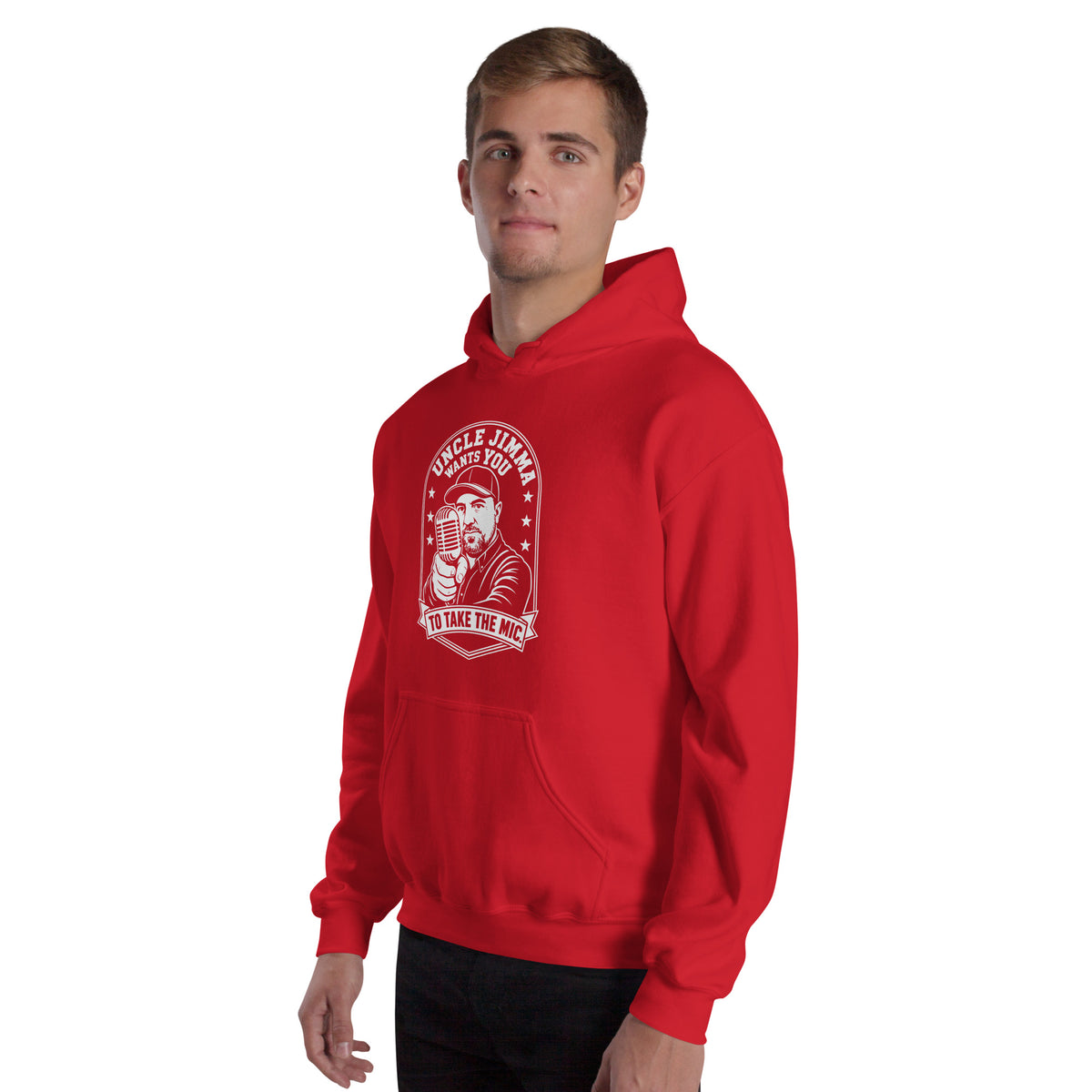 Red pullover hoodie, left-front angled view, featuring Uncle Jimma Wants You to Take the Mic pointing portrait and microphone.