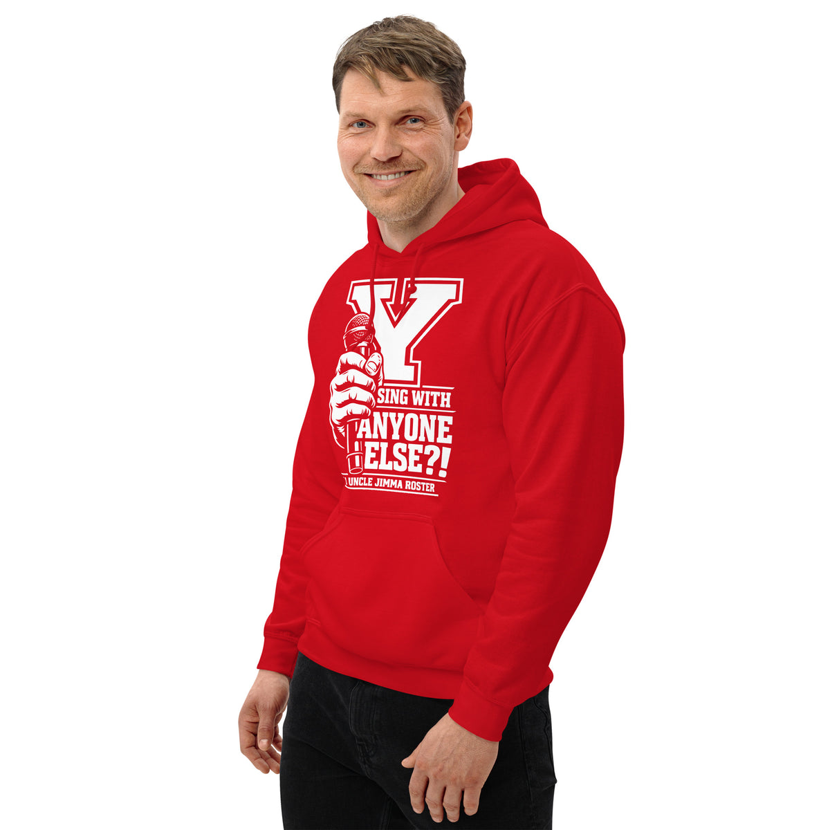 Red pullover hoodie, left-front angled view, featuring Uncle Jimma Roster Anthem varsity Y with hand-held microphone.