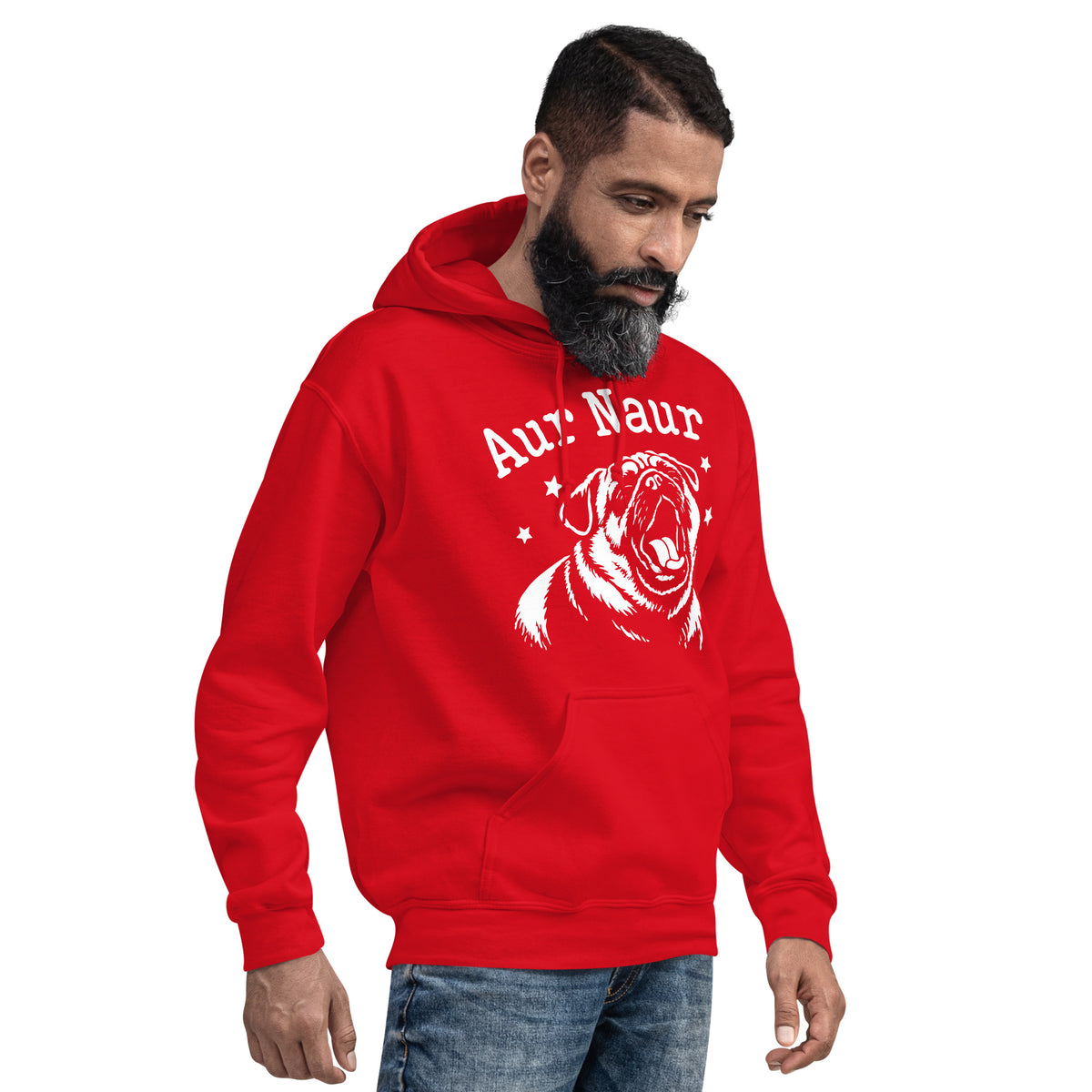 Red pullover hoodie, right-front angled view, featuring Aur Naur white pug portrait and star-accented lettering.