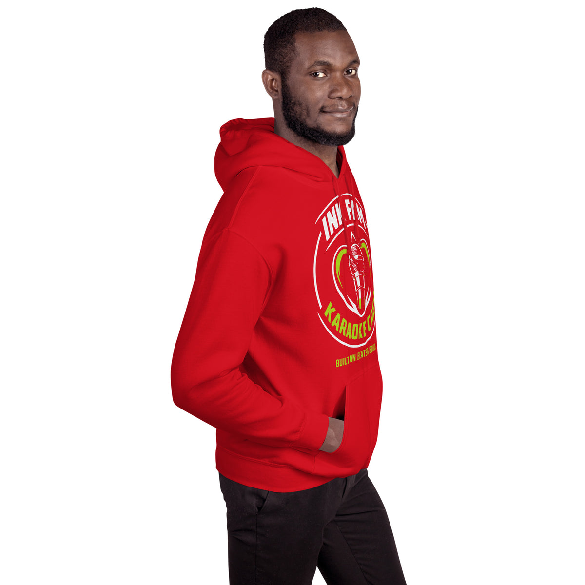 Red pullover hoodie, right-front angled view, featuring the green-and-white circular DJ Ink Fam microphone badge.