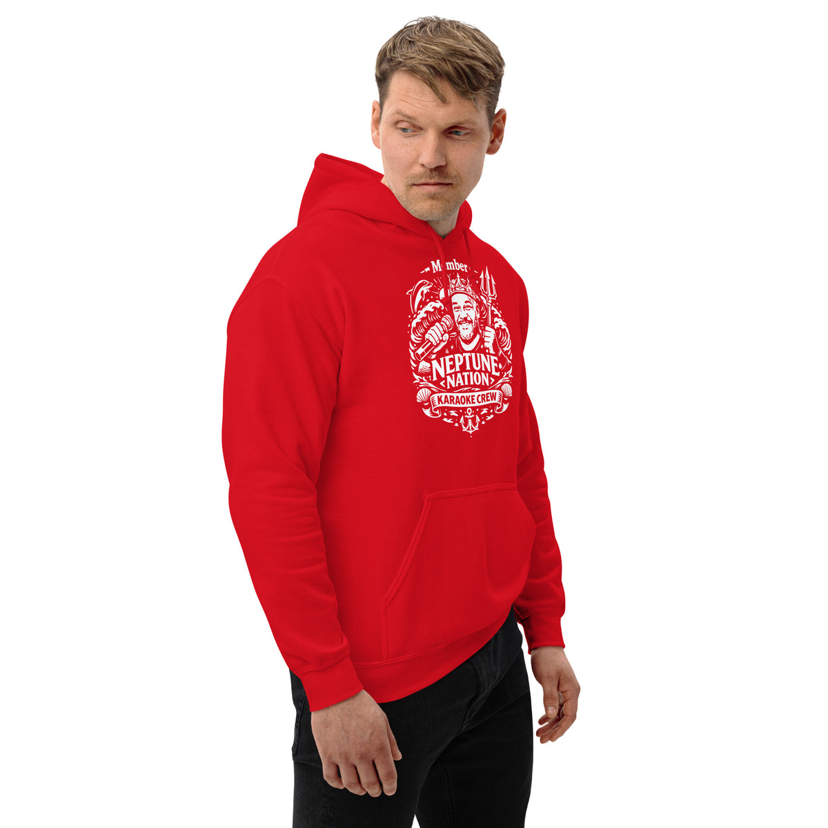 Red pullover hoodie, right-front angled view, featuring KJ Neptune's Neptune Nation nautical microphone and trident badge.