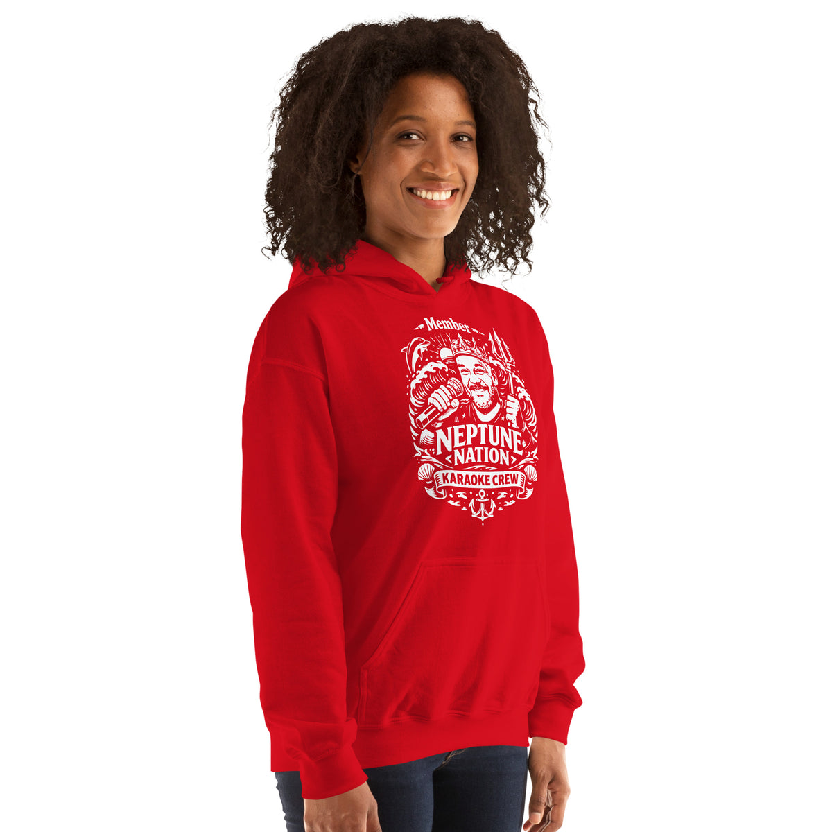 Red pullover hoodie, right-front angled view, featuring KJ Neptune's Neptune Nation nautical microphone and trident badge.