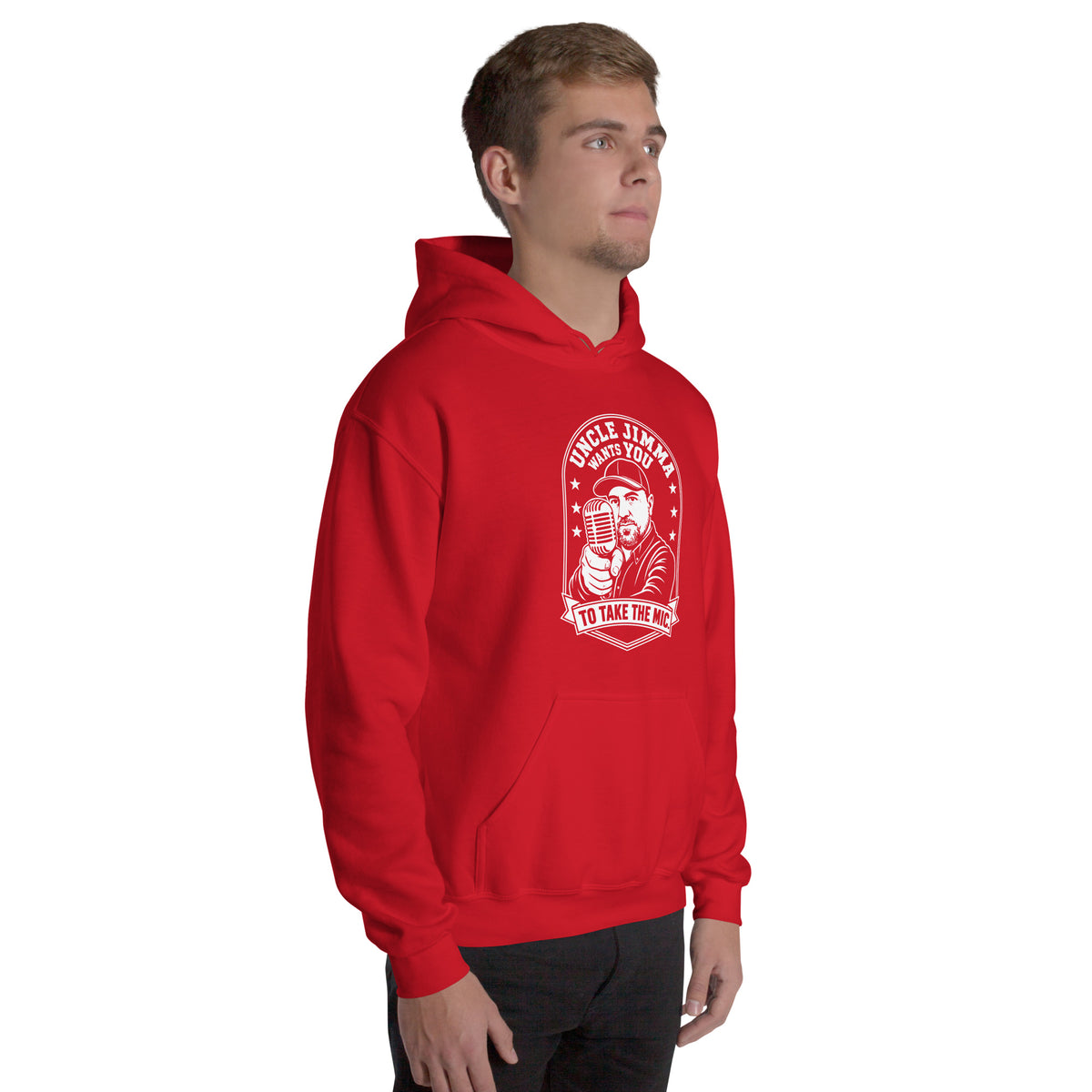 Red pullover hoodie, right-front angled view, featuring Uncle Jimma Wants You to Take the Mic pointing portrait and microphone.