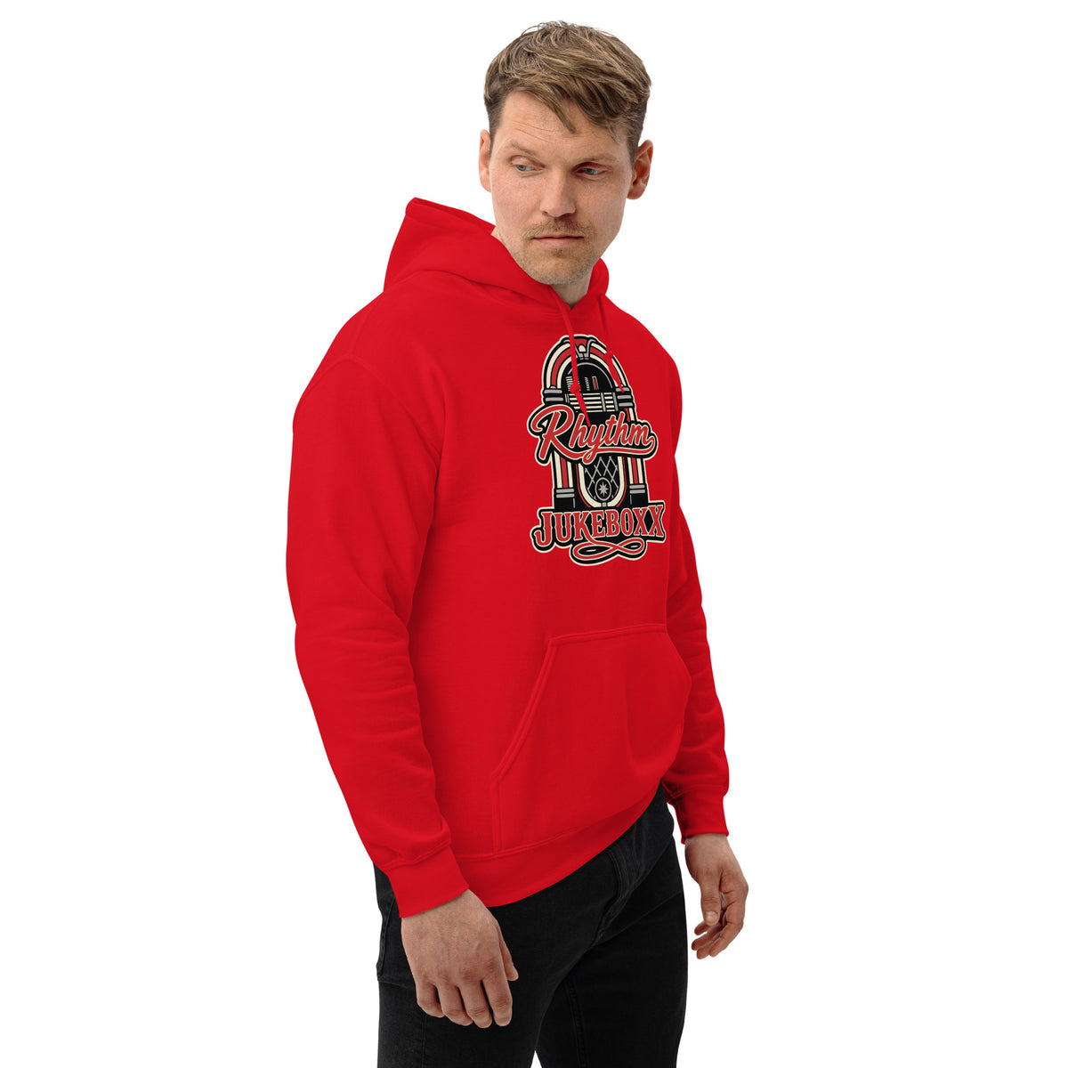 Red pullover hoodie, right-front angled view, featuring Rhythm Jukeboxx red-and-cream retro jukebox graphic.