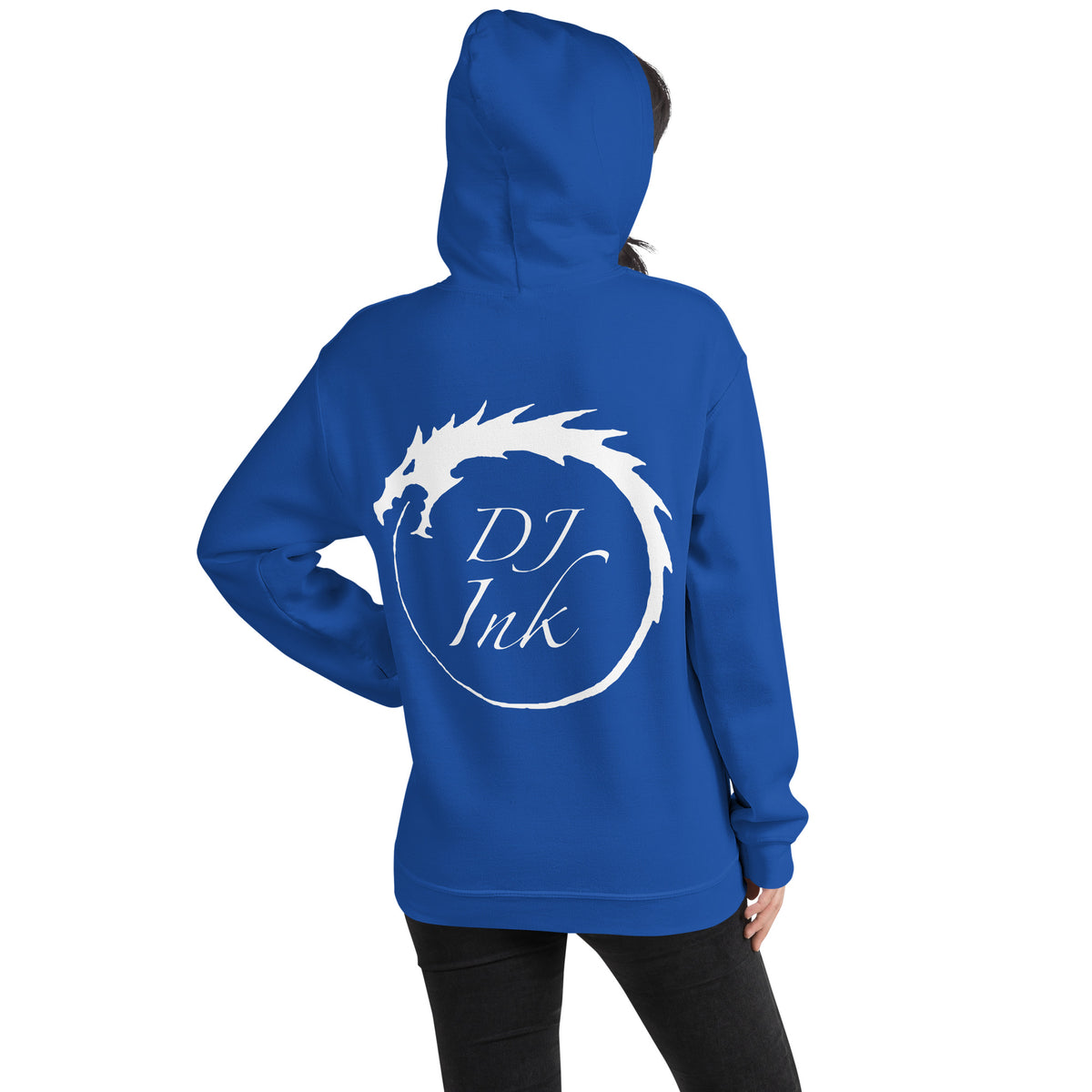Royal pullover hoodie, back view, for the DJ Ink white Ouroboros dragon-circle logo.