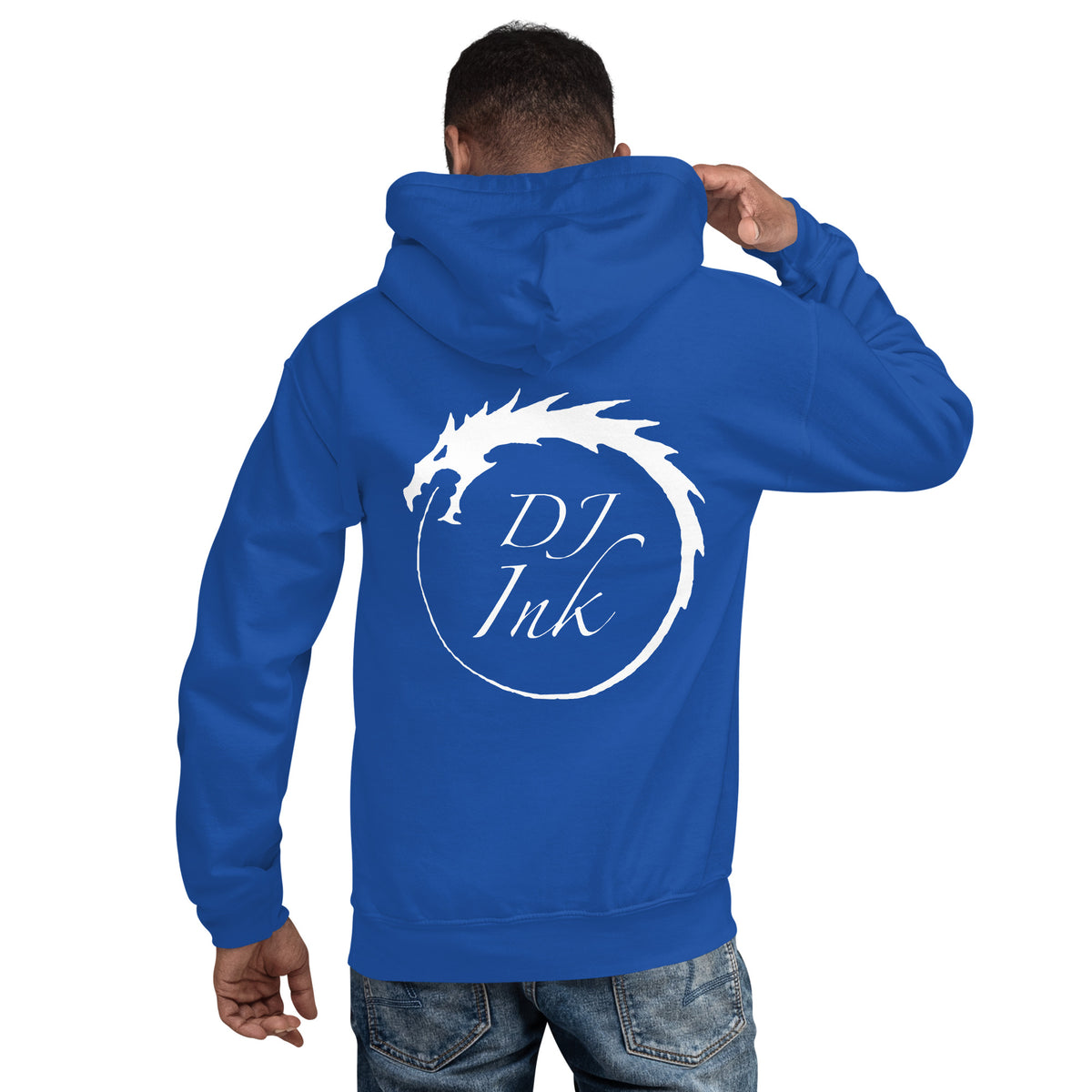Royal pullover hoodie, back view, for the DJ Ink white Ouroboros dragon-circle logo.