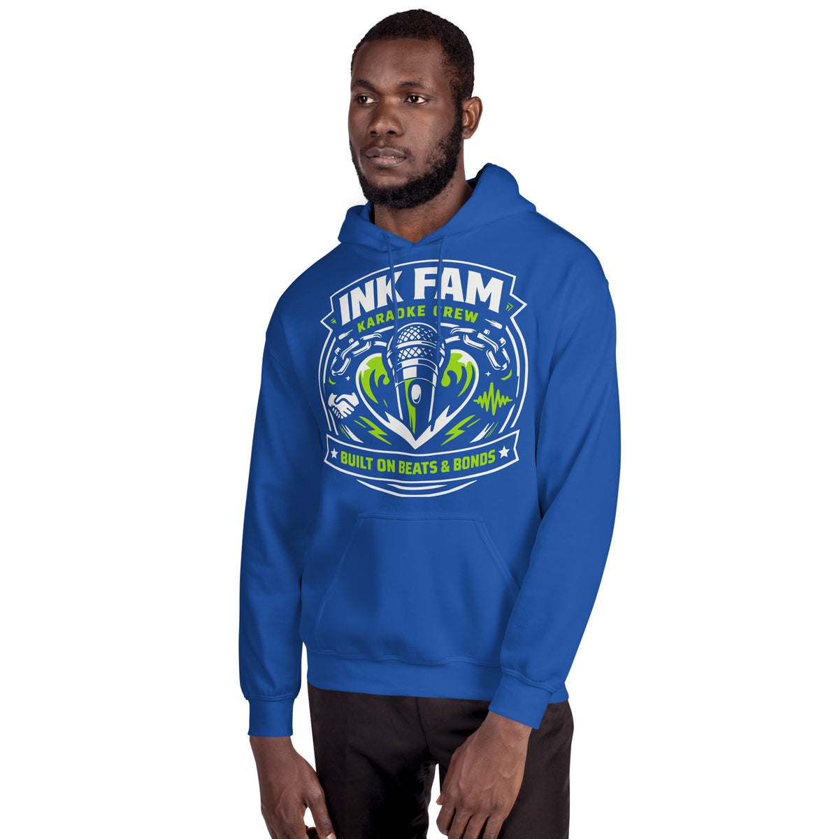 Royal pullover hoodie, alternate front view, featuring DJ Ink Beats & Bonds shield with a microphone and green-and-white lettering.