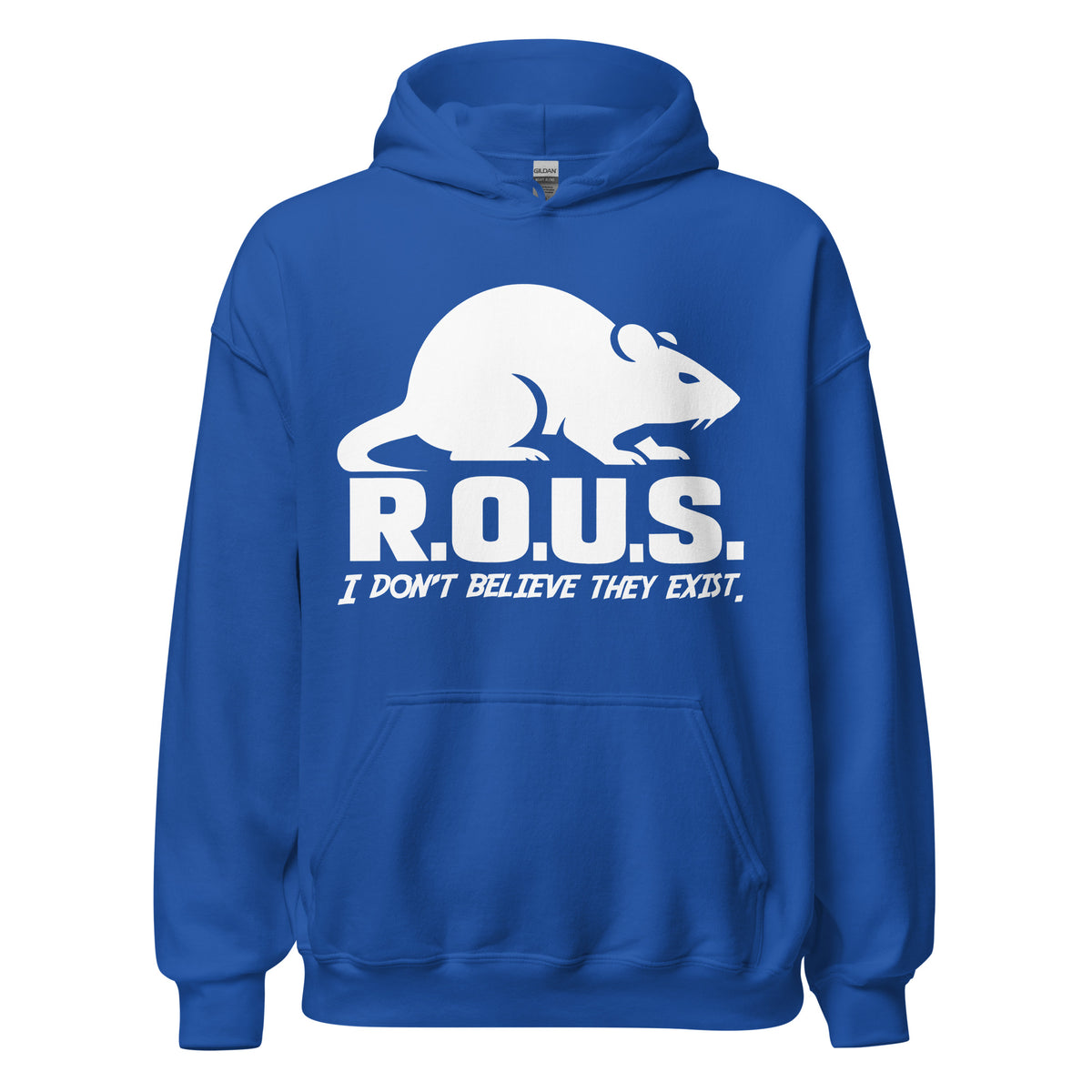 Royal pullover hoodie, front view, featuring the R.O.U.S. Disbelief Statement design
