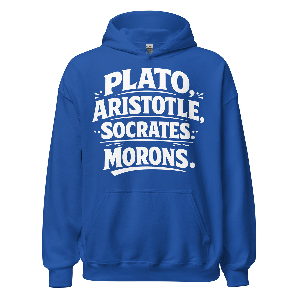 Royal pullover hoodie, front view, featuring the Classical Thinkers design