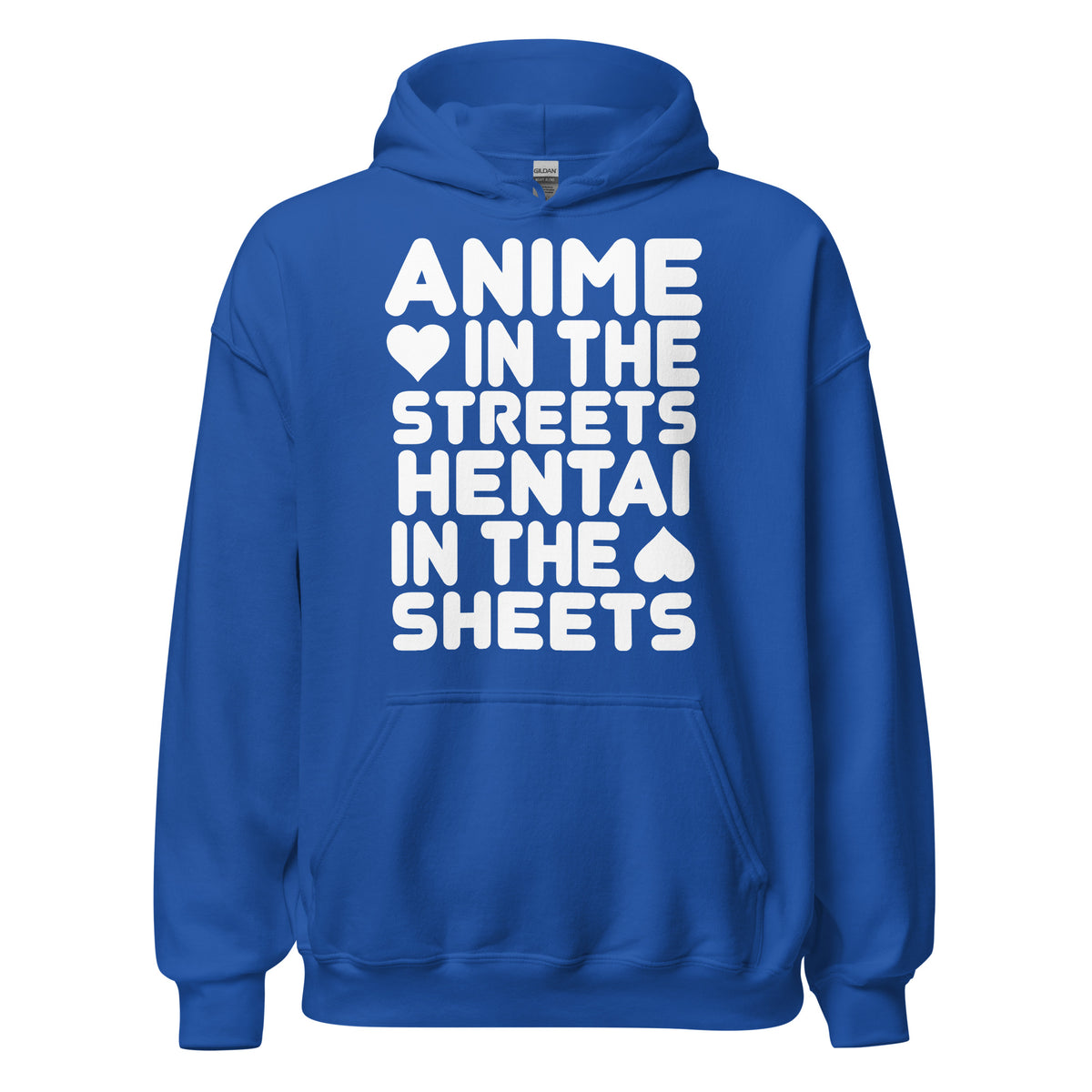 Royal pullover hoodie, front view, featuring the Anime in the Streets / Hentai in the Sheets Hoodie design
