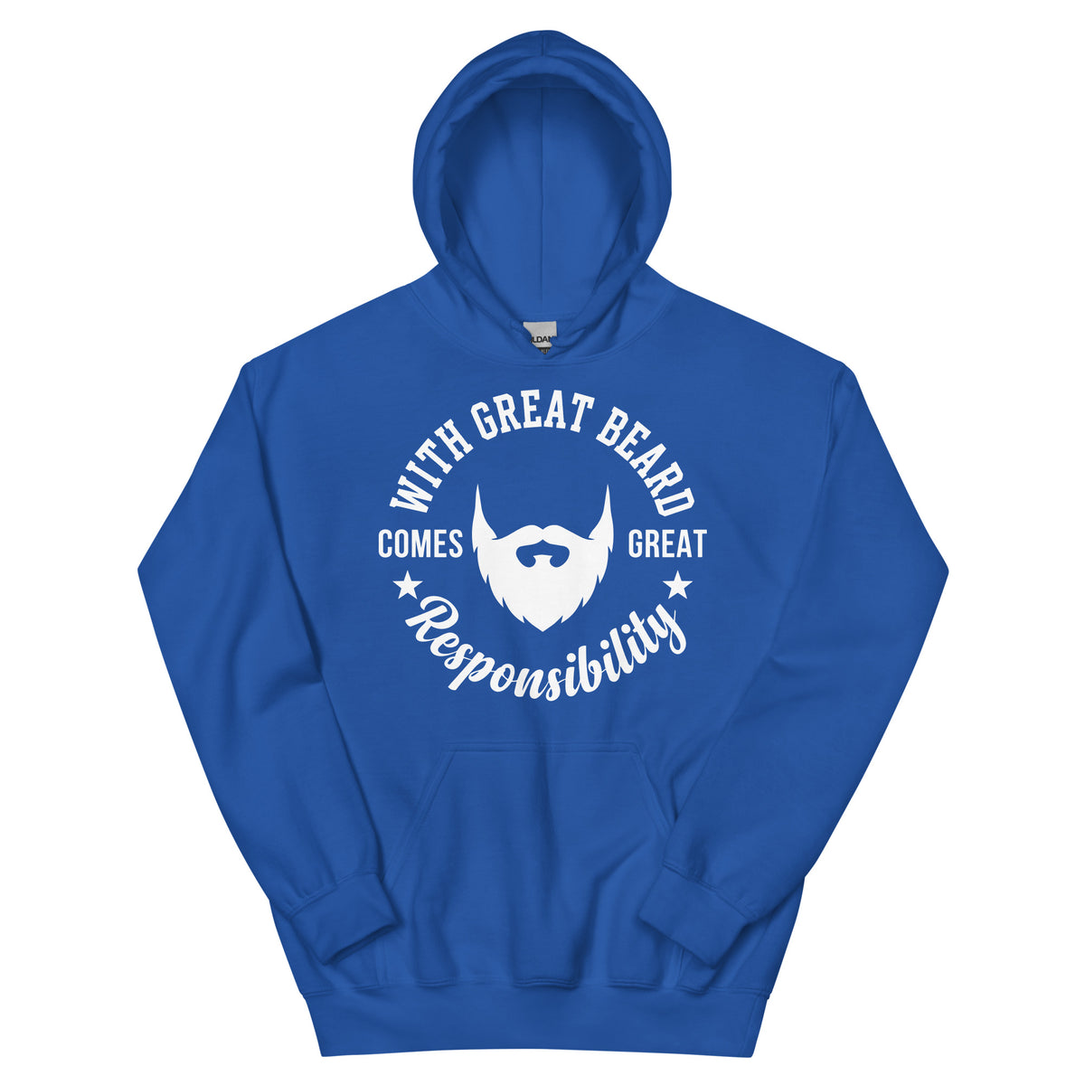 Royal pullover hoodie, front view, featuring the With Great Beard Comes Great Responsibility design