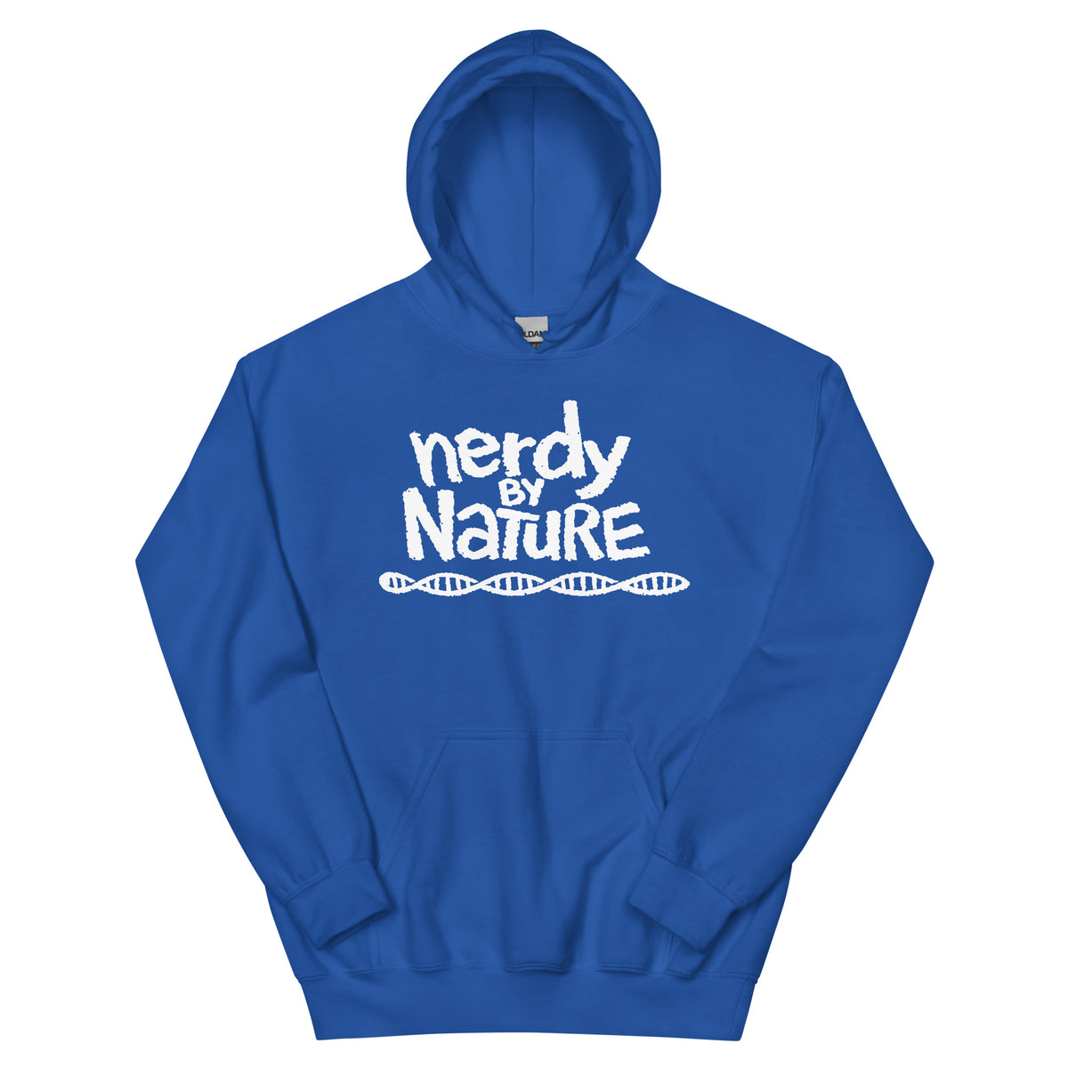 Royal pullover hoodie, front view, featuring the Nerdy By Nature design