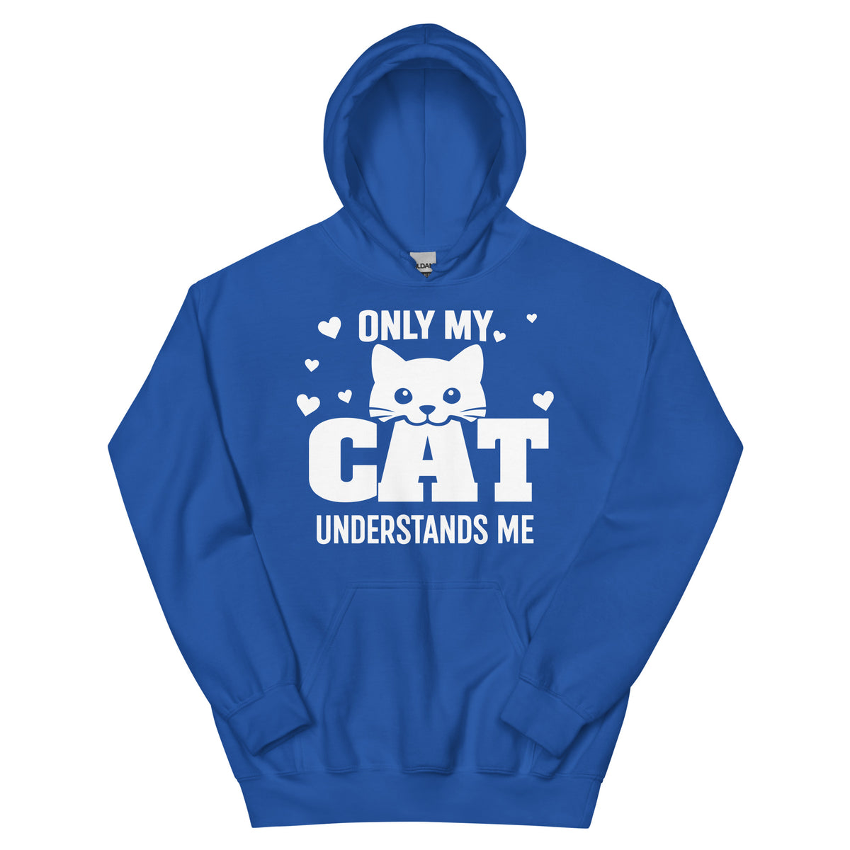 Royal pullover hoodie, front view, showing the Only My Cat Understands Me white cat face and hearts design.