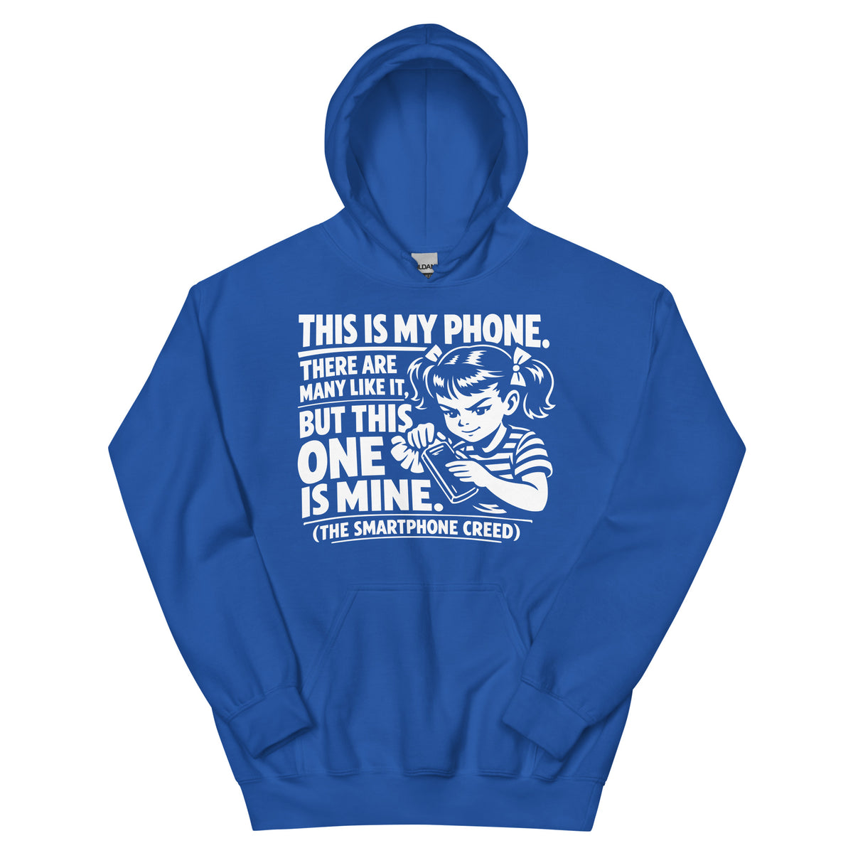 Royal pullover hoodie, front view, showing a mockup for Smartphone Creed retro woman holding a phone and statement lettering.