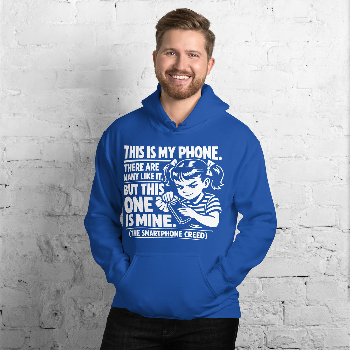 Royal pullover hoodie, front view, showing a mockup for Smartphone Creed retro woman holding a phone and statement lettering.