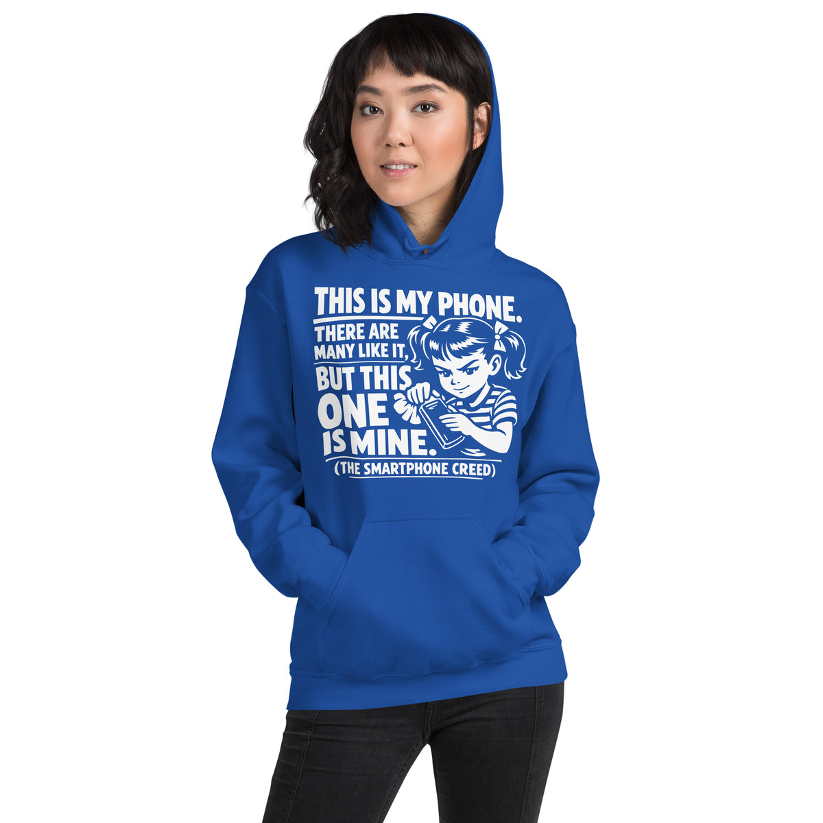 Royal pullover hoodie, front view, showing a mockup for Smartphone Creed retro woman holding a phone and statement lettering.