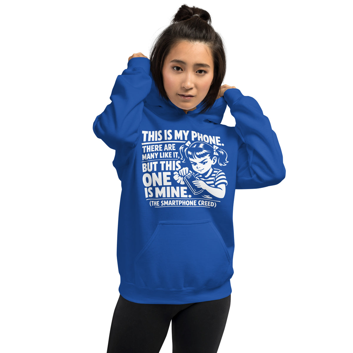 Royal pullover hoodie, front view, showing a mockup for Smartphone Creed retro woman holding a phone and statement lettering.