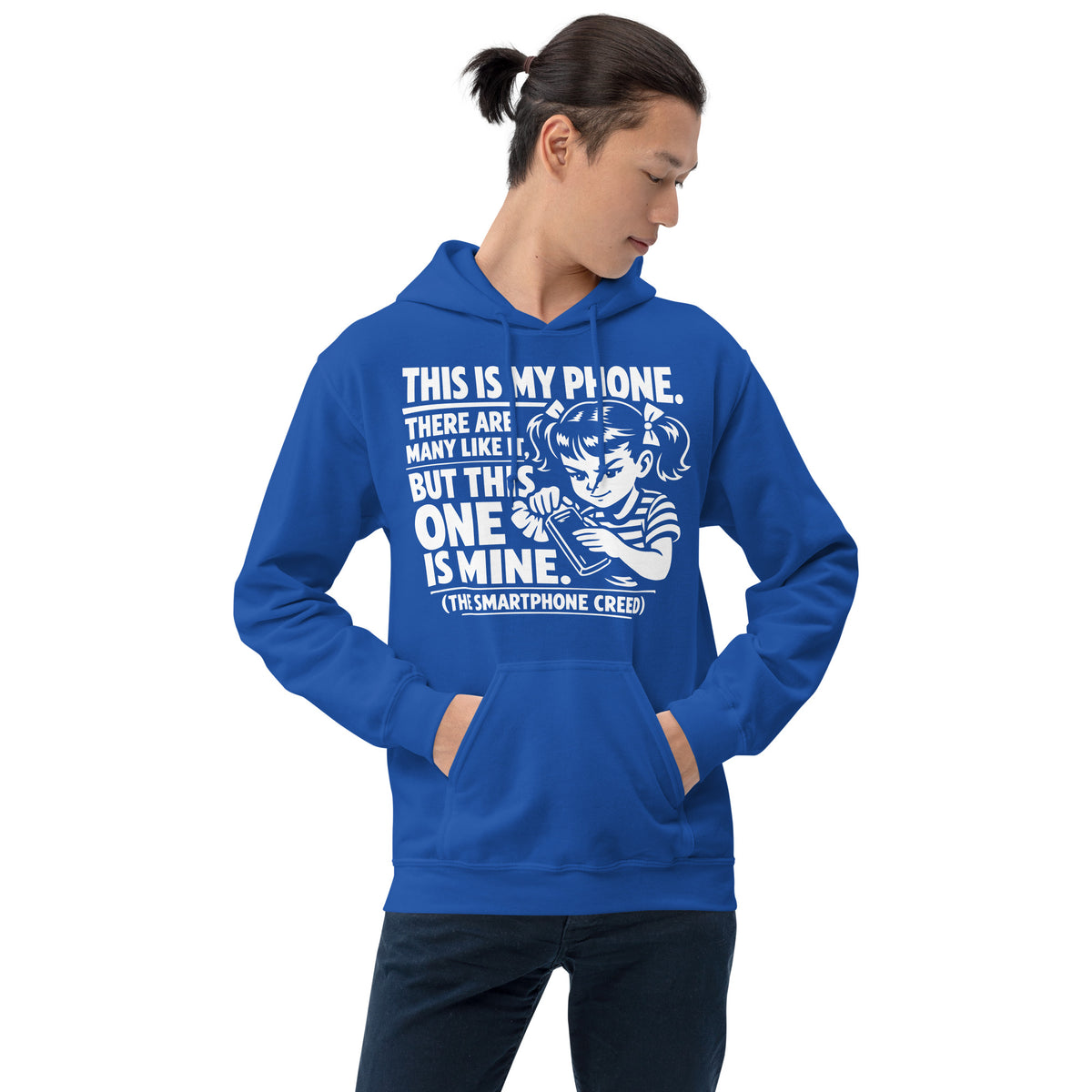 Royal pullover hoodie, front view, showing a mockup for Smartphone Creed retro woman holding a phone and statement lettering.