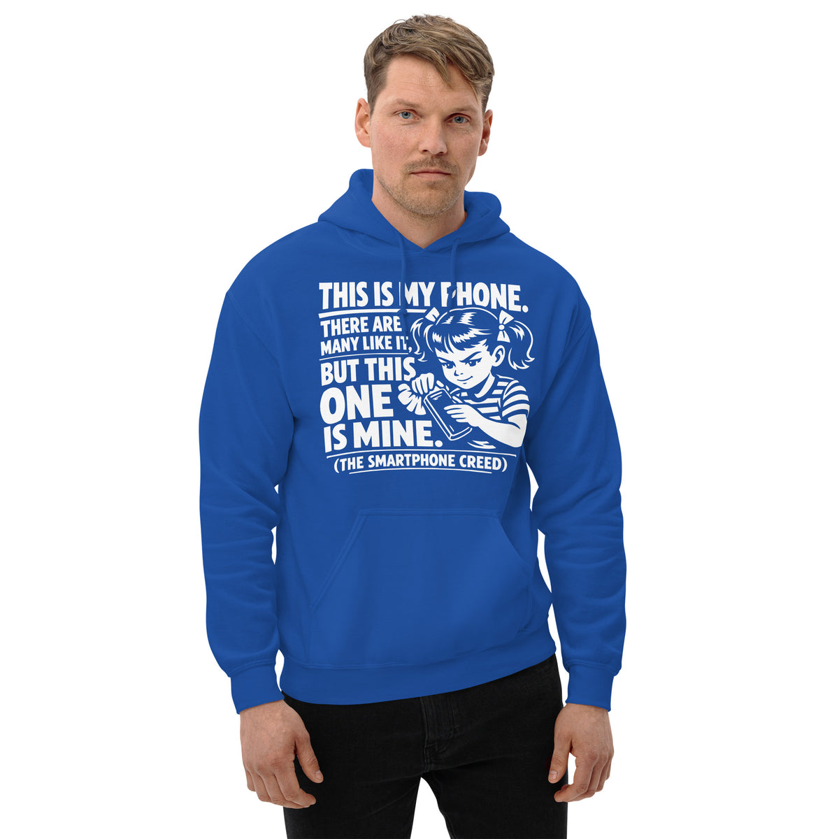 Royal pullover hoodie, front view, showing a mockup for Smartphone Creed retro woman holding a phone and statement lettering.