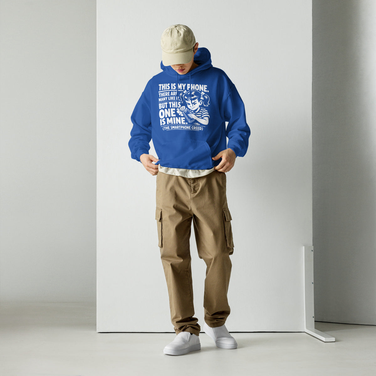 Royal pullover hoodie, front view, showing a mockup for Smartphone Creed retro woman holding a phone and statement lettering.