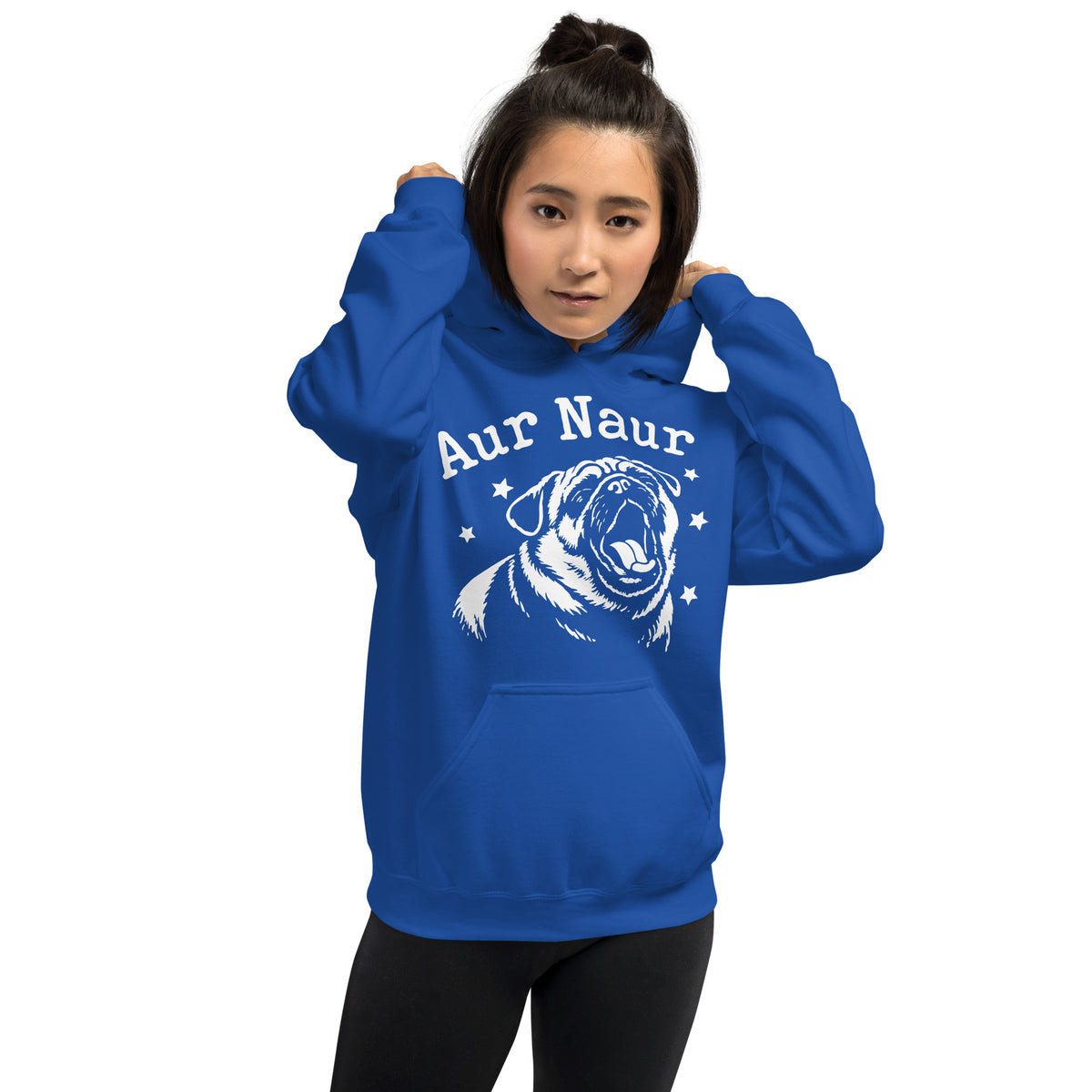 Royal pullover hoodie, front view, featuring Aur Naur white pug portrait and star-accented lettering.