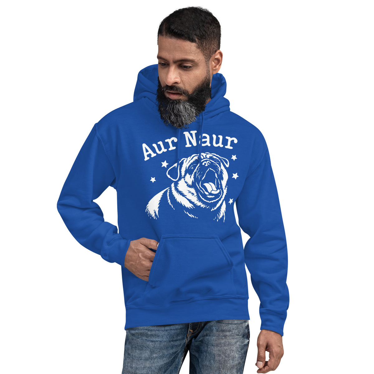 Royal pullover hoodie, front view, featuring Aur Naur white pug portrait and star-accented lettering.