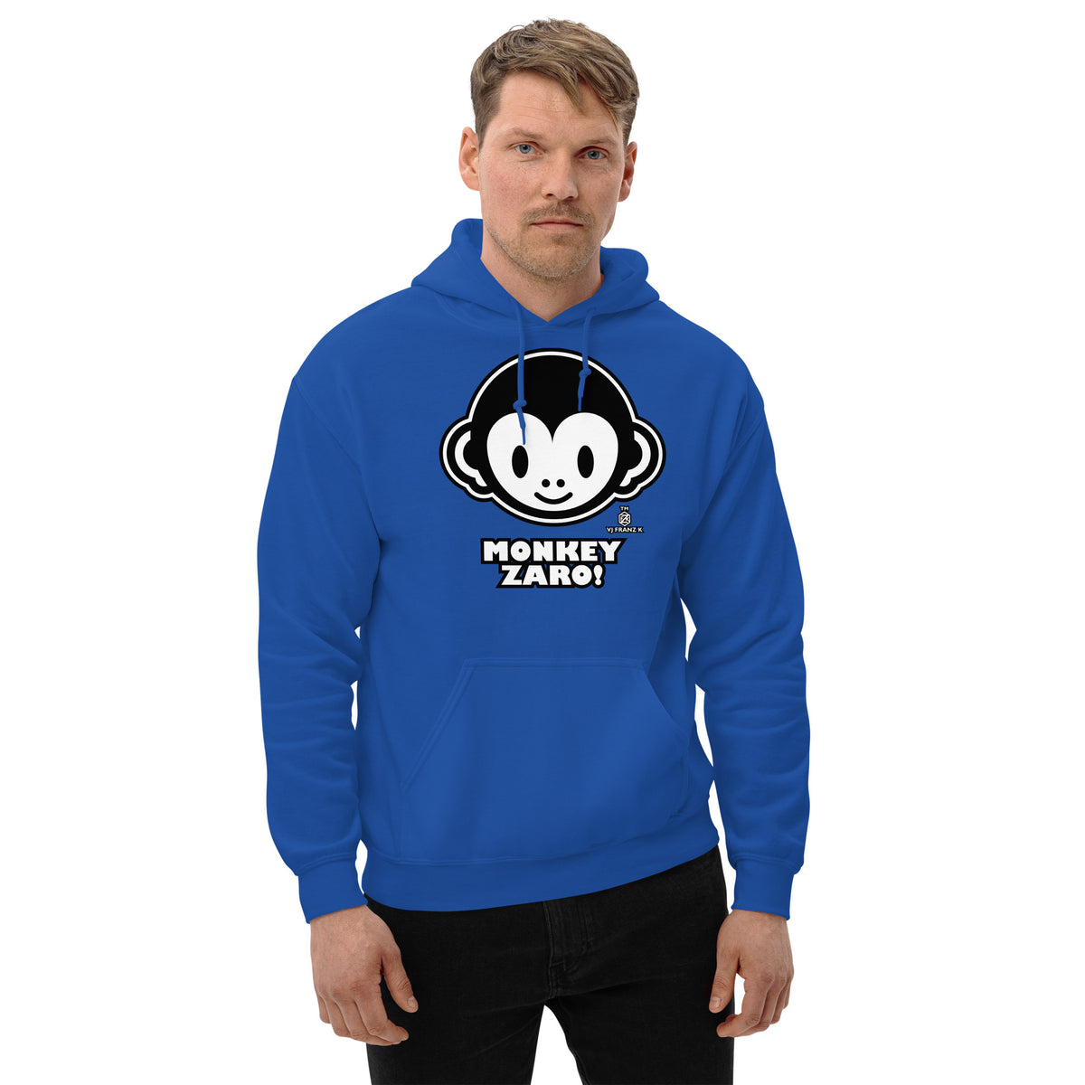 Royal pullover hoodie, front view, featuring Monkey Zaro! white cartoon monkey face and lettering.