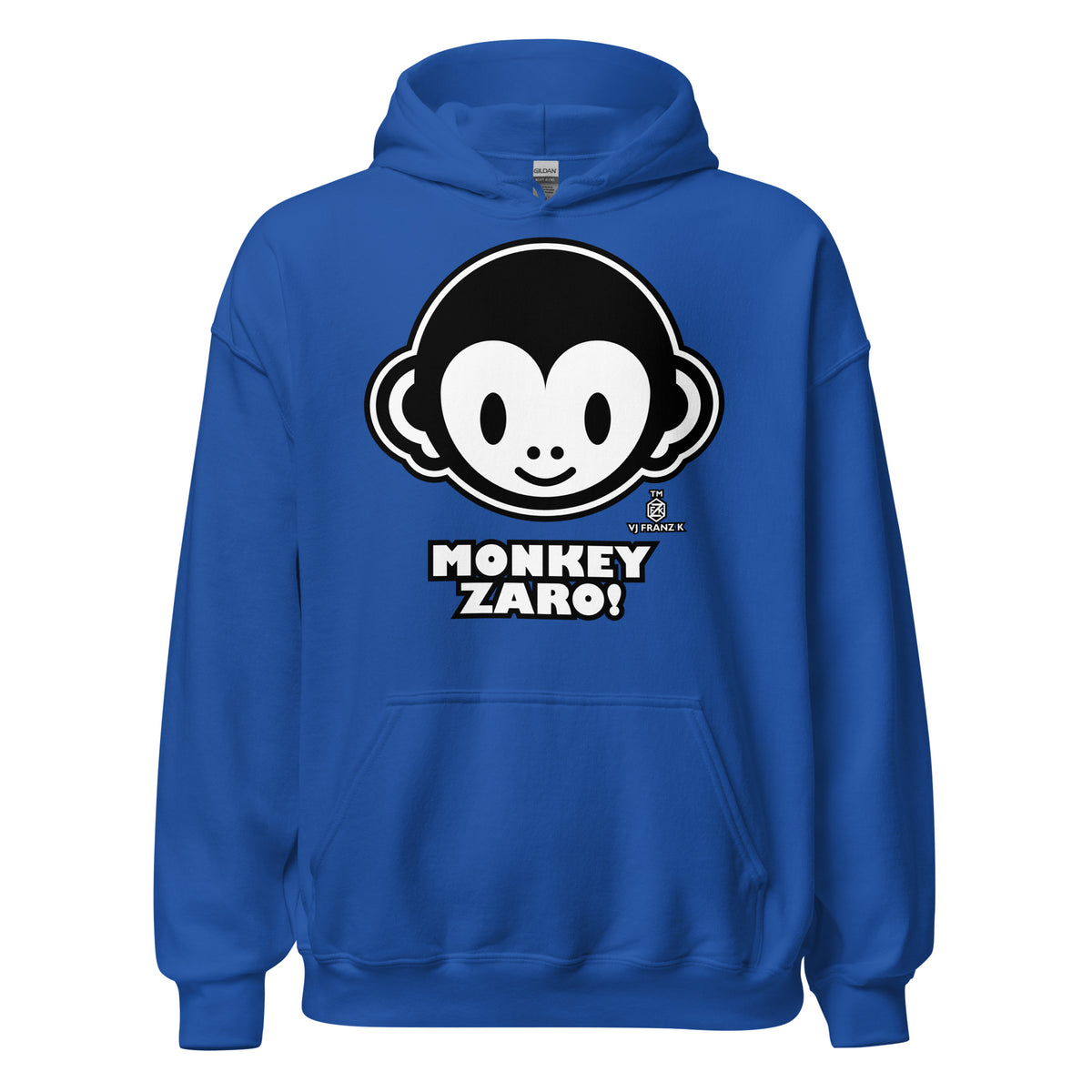 Royal pullover hoodie, front view, featuring Monkey Zaro! white cartoon monkey face and lettering.