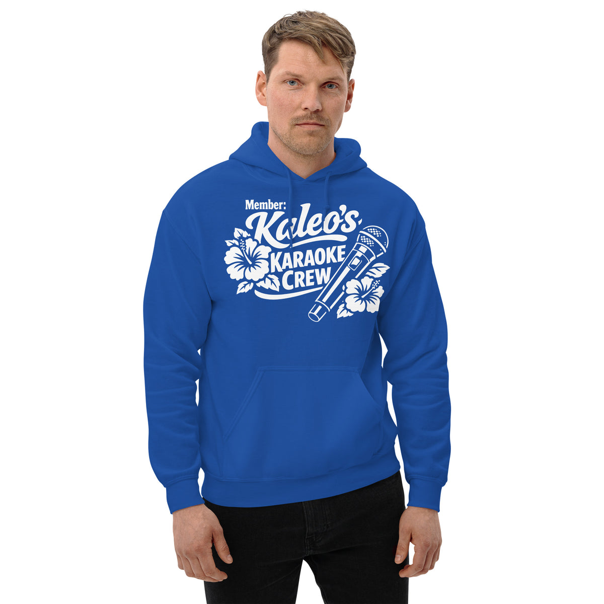 Royal pullover hoodie, front view, featuring Kaleo's Karaoke Crew lettering, microphone, and hibiscus flowers.